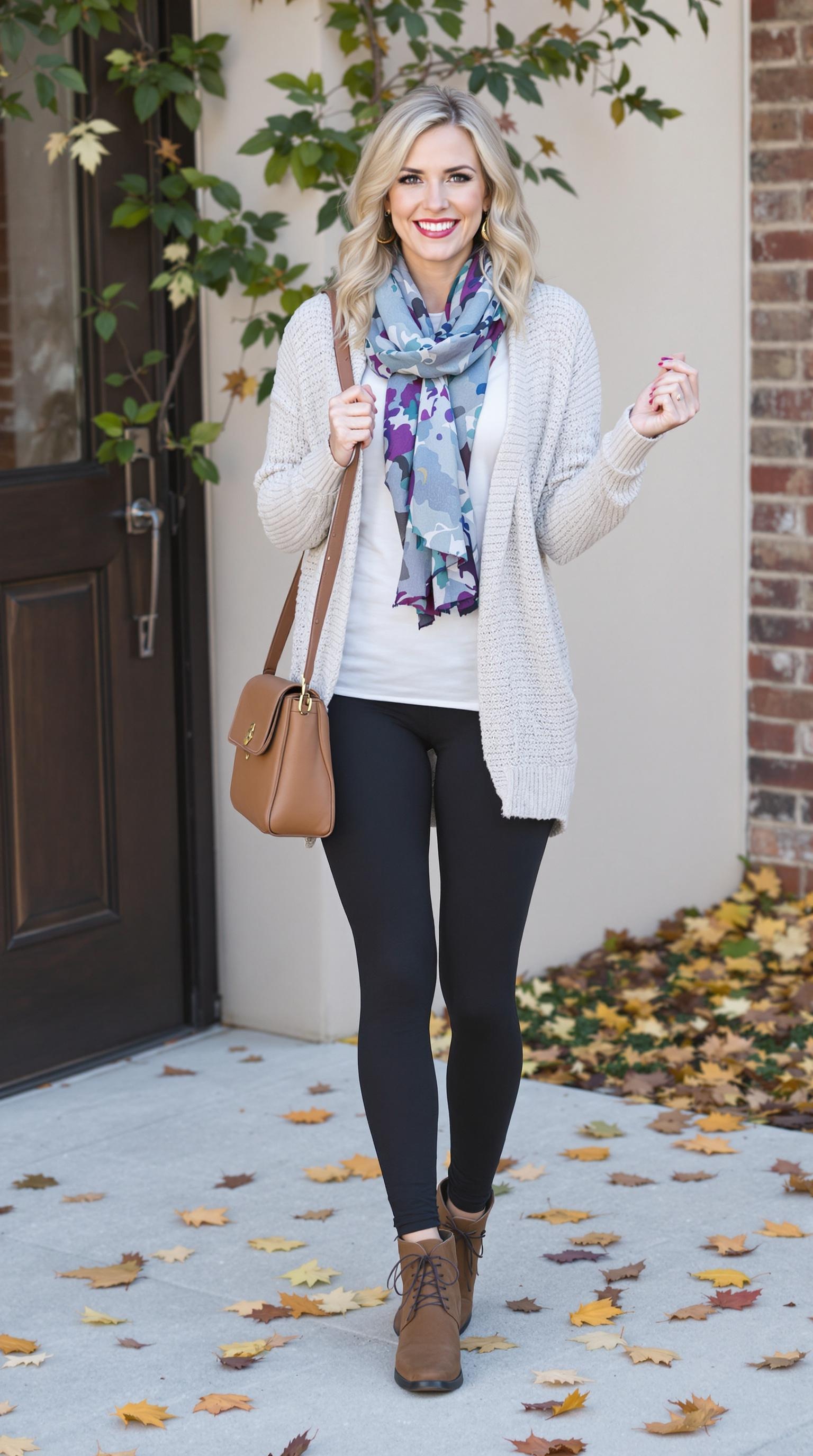 A woman wearing a light cardigan, leggings, and a patterned scarf, standing outside with autumn leaves around.