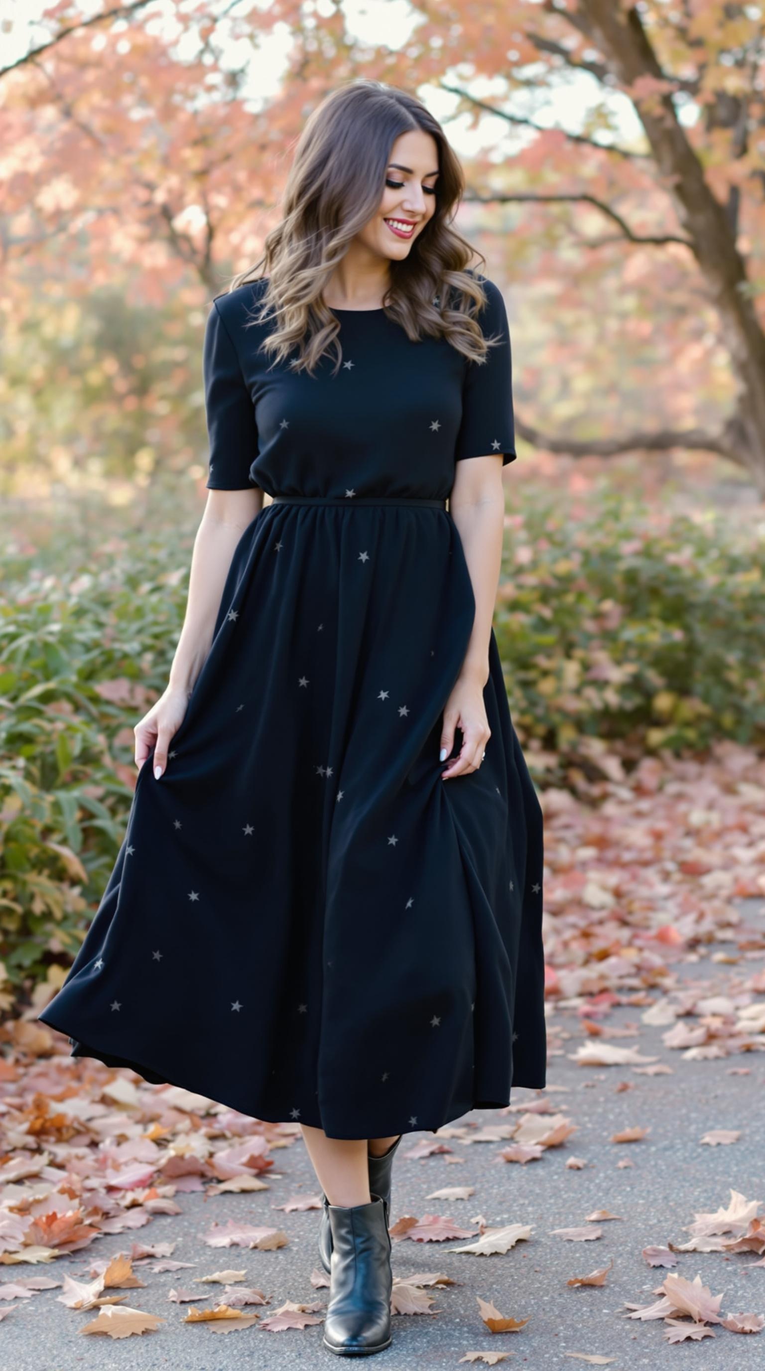 A woman wearing a black midi dress with star patterns and ankle boots, standing in an autumn setting with colorful leaves.