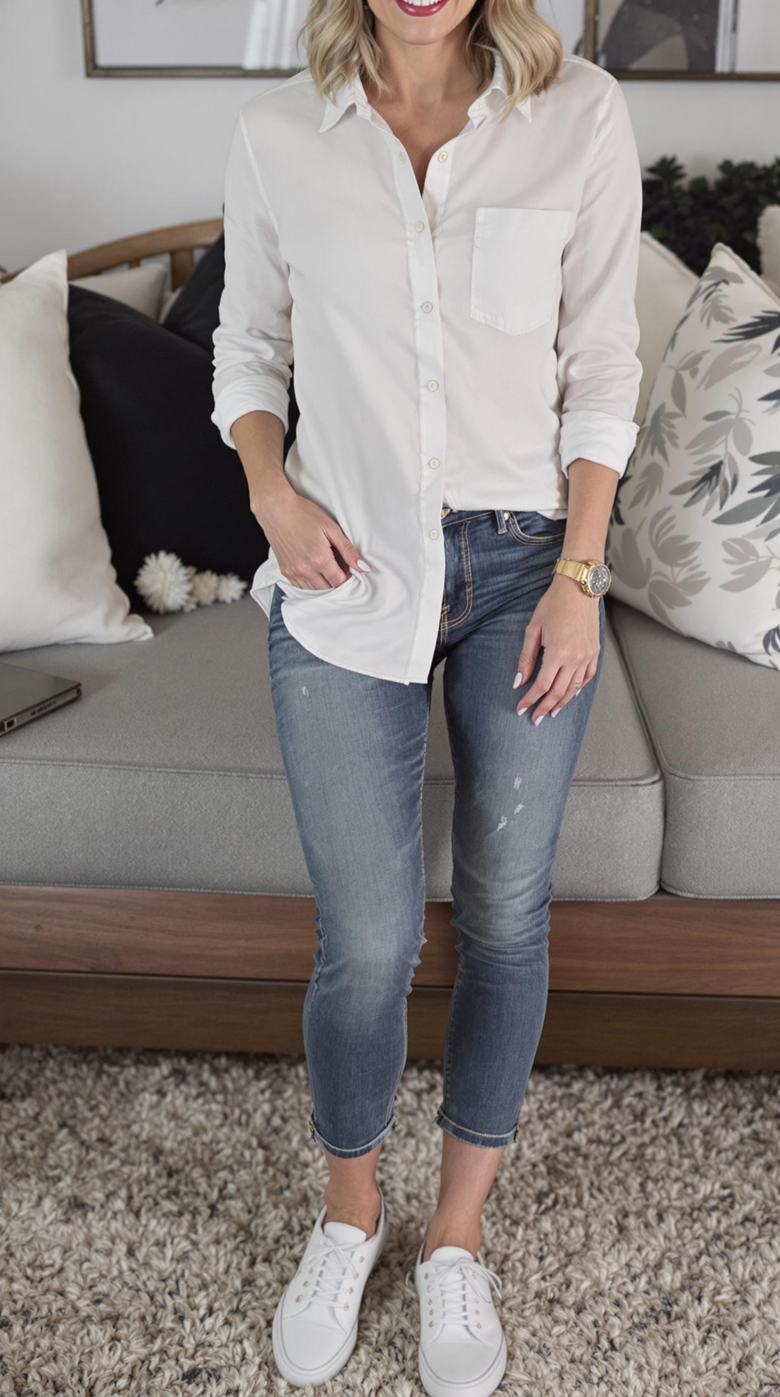 A woman wearing a white button-up shirt, distressed jeans, and white sneakers, sitting on a couch.