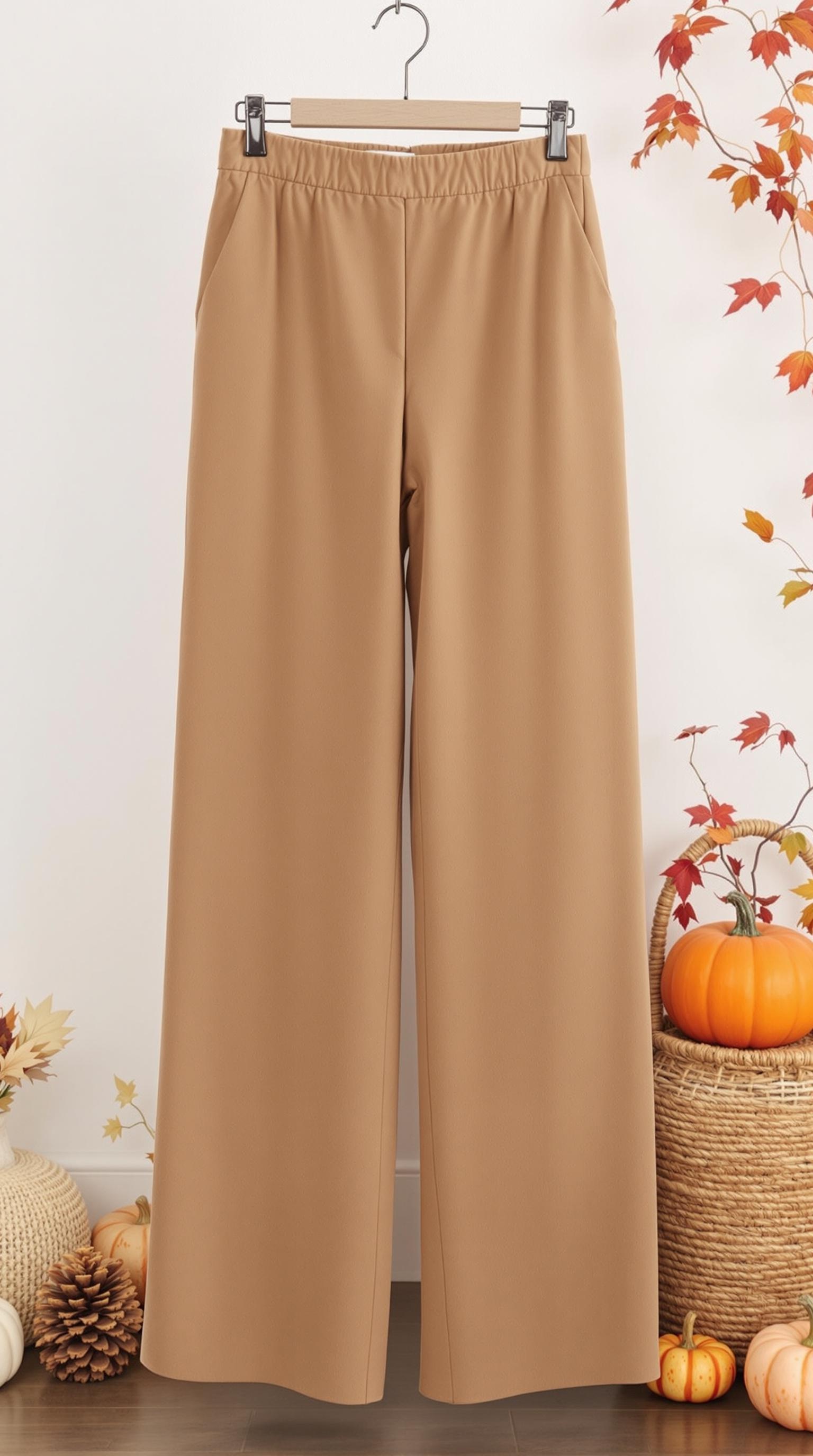 Wide-leg tan trousers displayed with autumn decorations