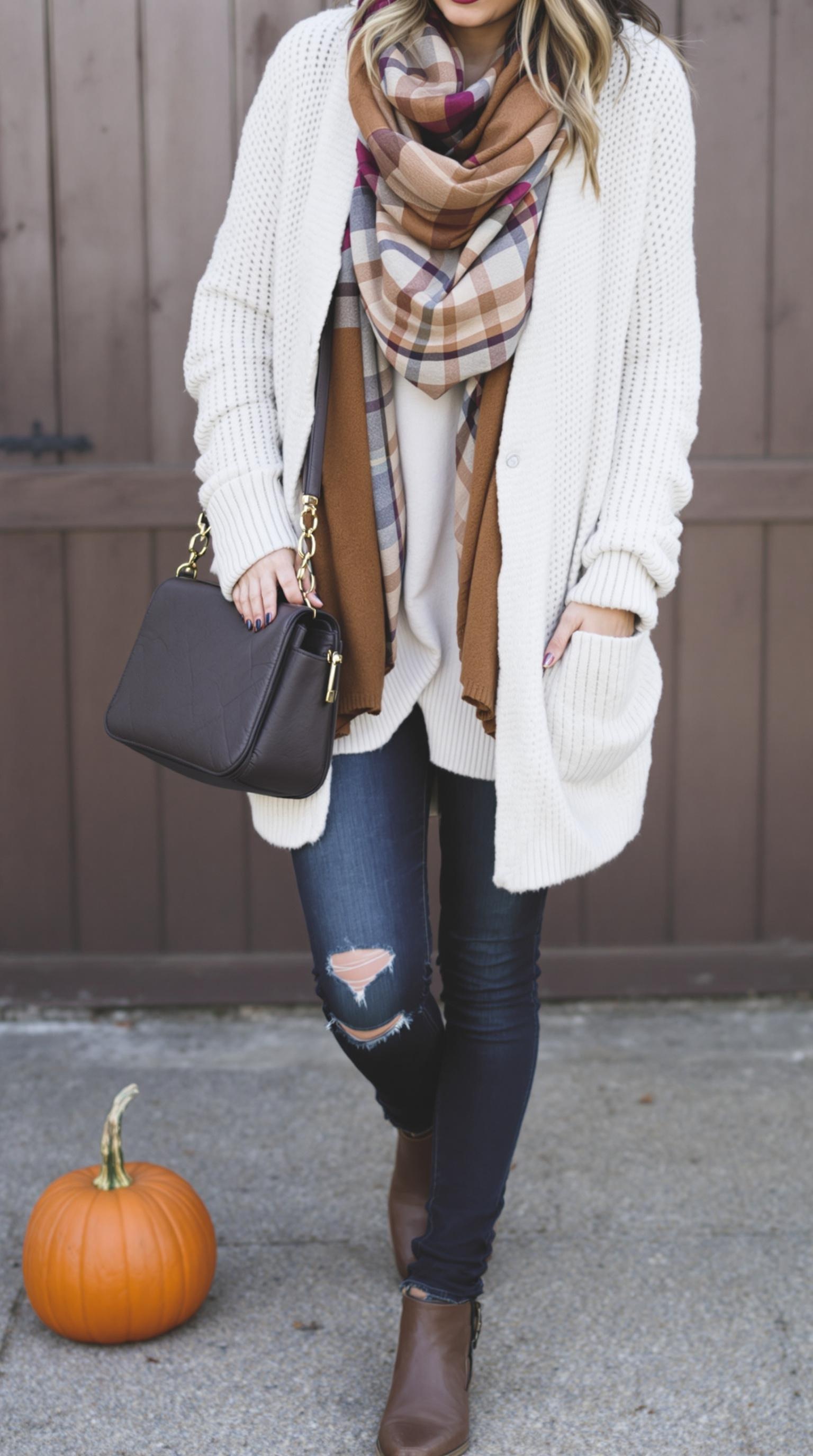 A woman wearing an oversized white cardigan, plaid scarf, and dark jeans, standing next to a pumpkin.