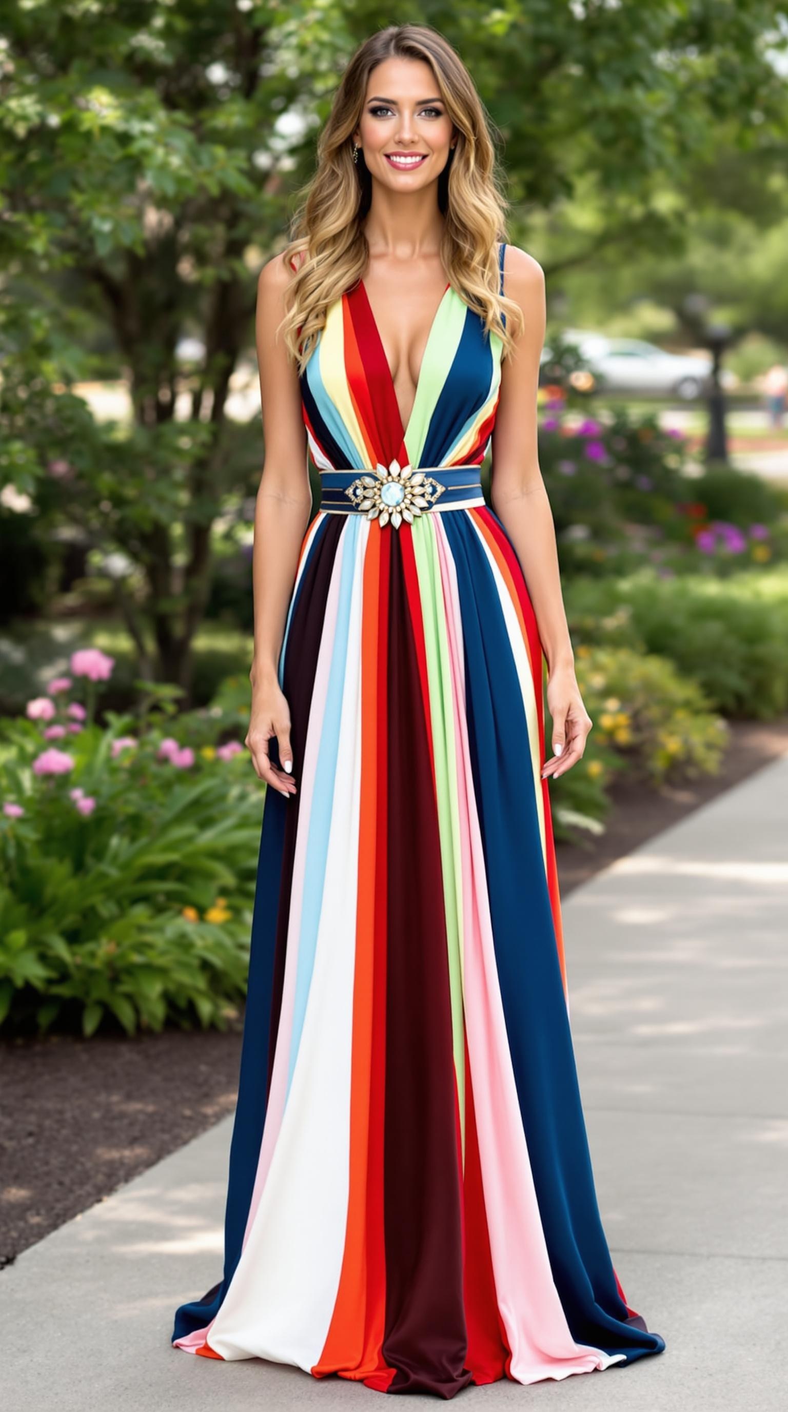 A woman wearing a colorful striped maxi dress with a statement belt, standing in a garden.