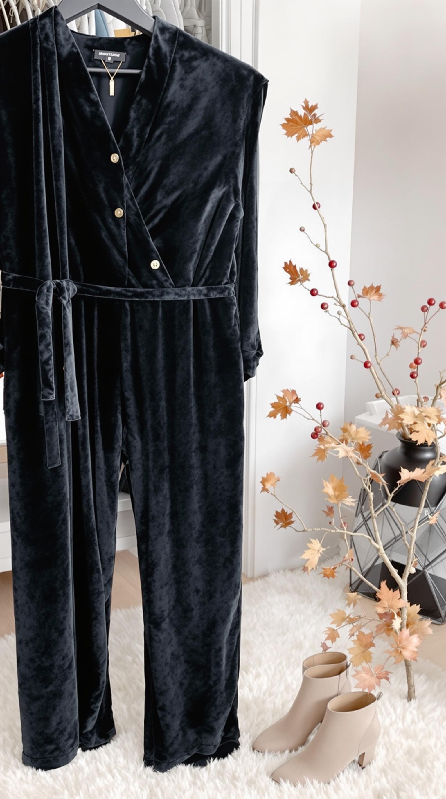 A black velvet jumpsuit on a hanger with beige ankle boots beside it, adorned with autumn leaves.