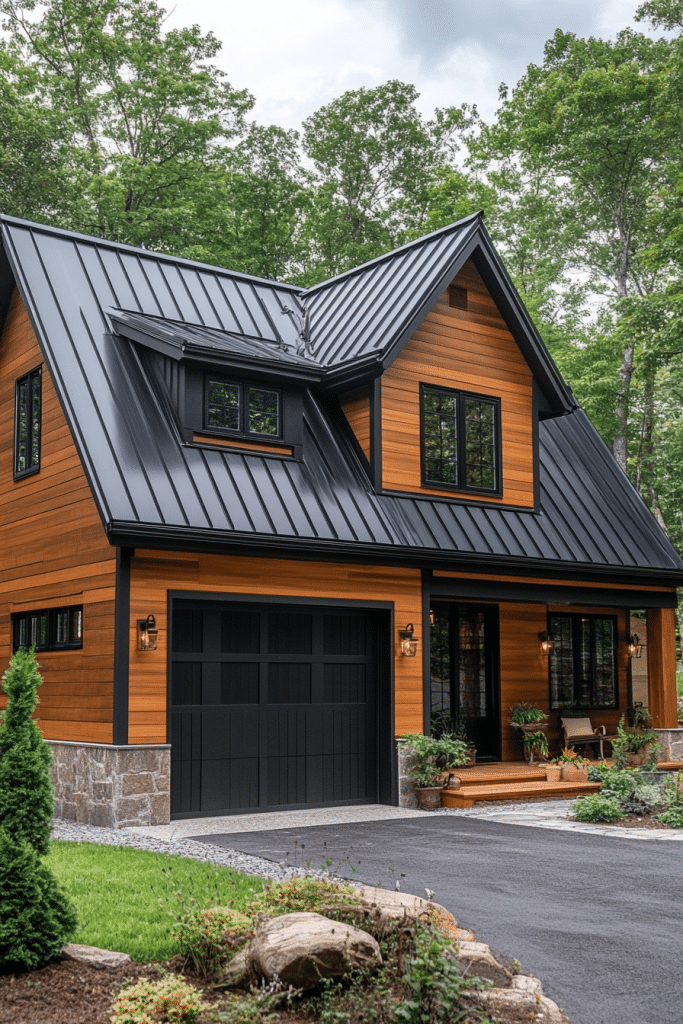 Bold Black and Wood Farmhouse Garage