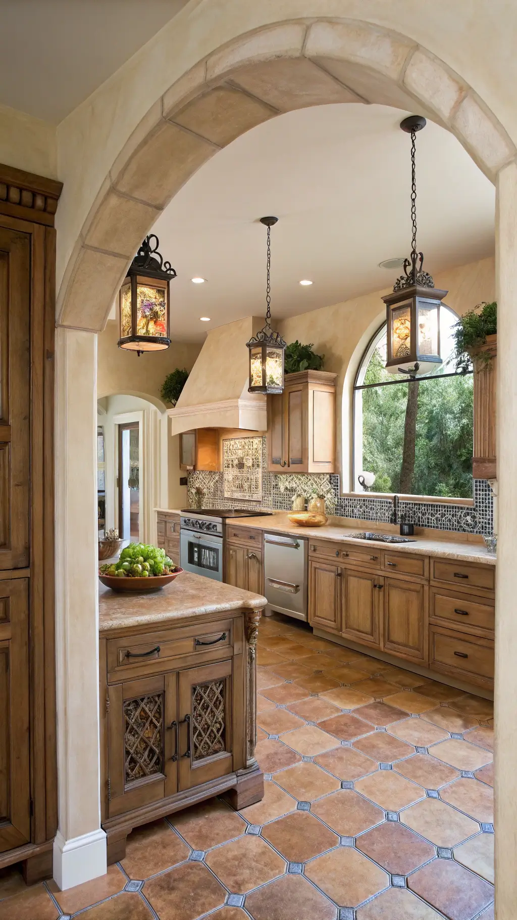 141mediterranean rustic kitchen arch view