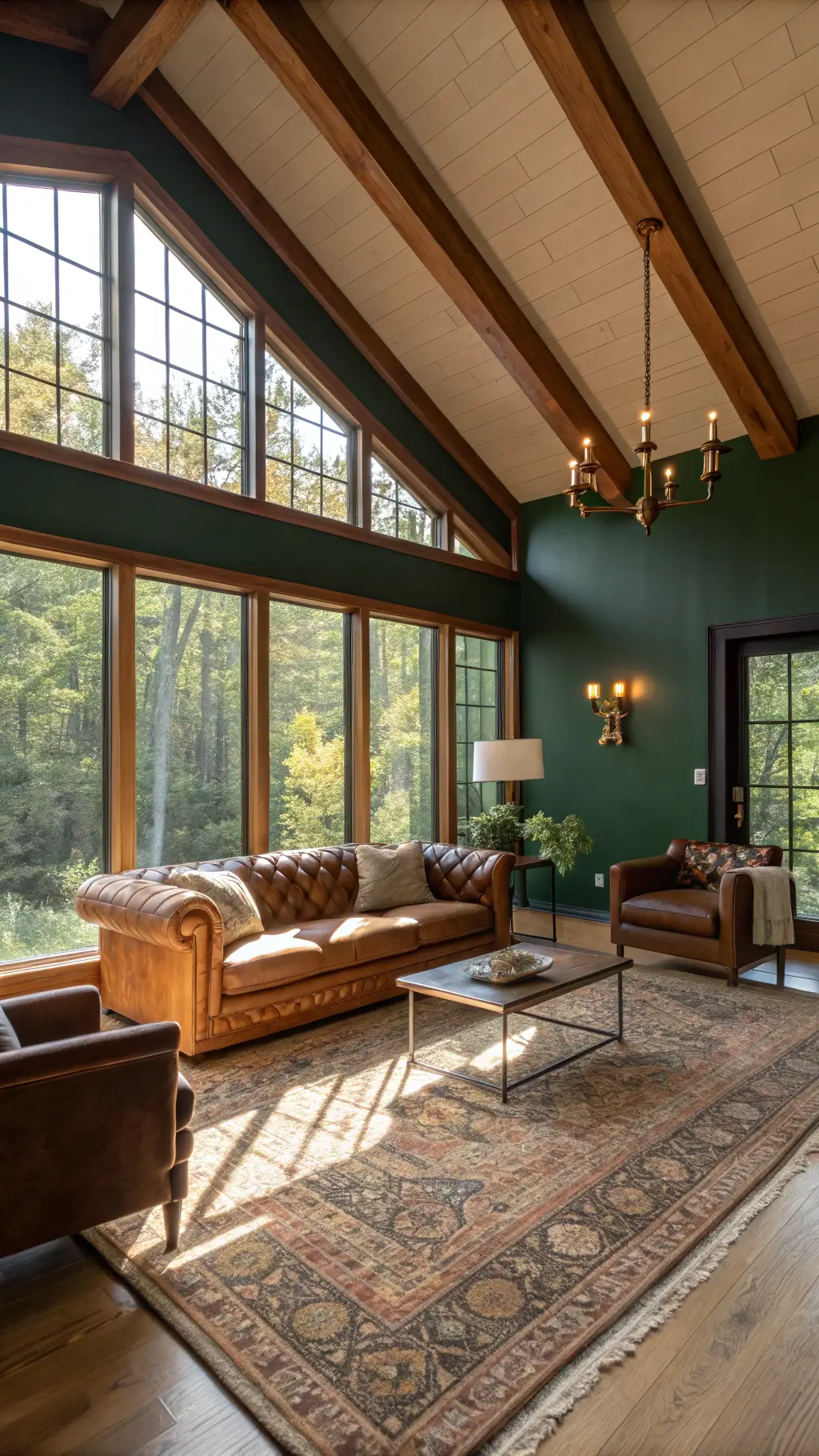 Sunny, spacious living room with forest green accent wall, vintage leather sofa, emerald velvet armchairs, Persian carpet on jute rug, architectural brass floor lamp, and wooden beam ceiling