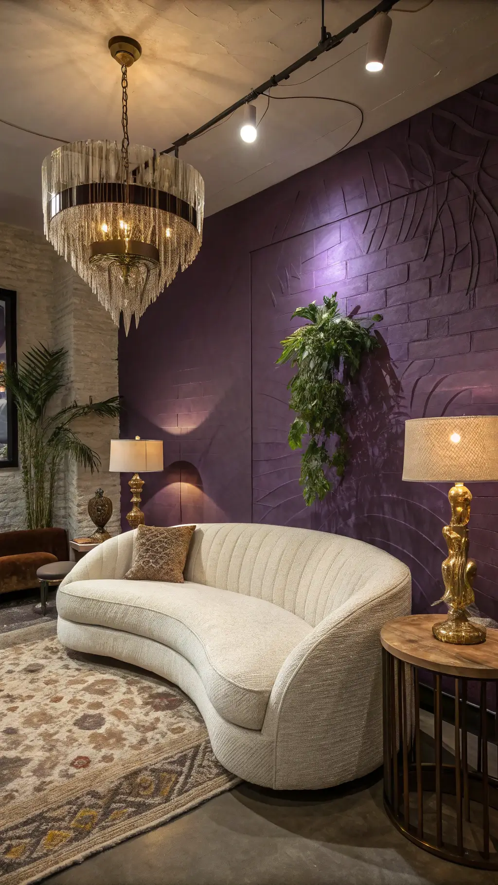 Dusk view of a cozy 16x18ft living room with a purple accent wall, cream bouclé sofa, artistic brass chandelier, rosewood side tables with ceramic lamps, and textured earthy wall hanging, shot from a low angle emphasizing ceiling height and dramatic lighting.