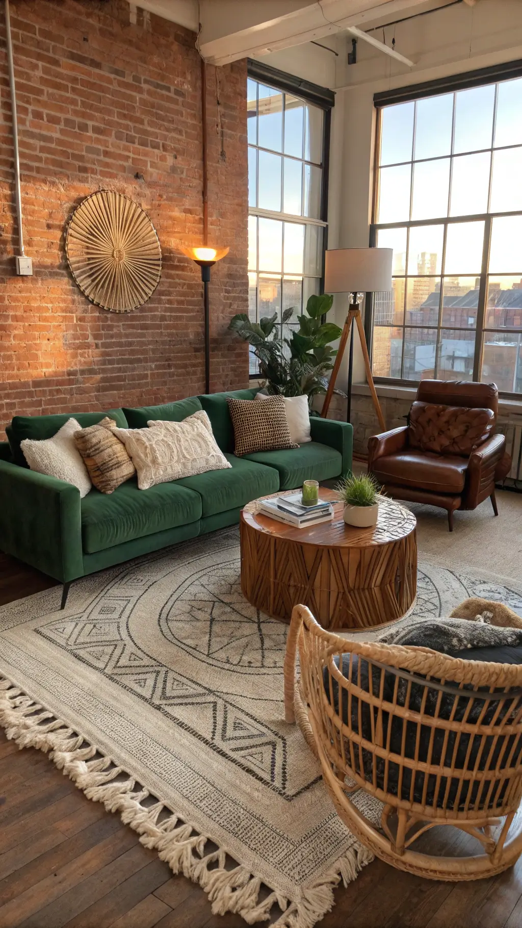 Handcrafted bamboo coffee table in the center of a 22x20ft open-concept living room featuring a mix-matched seating arrangement of a green velvet sectional, vintage rattan chair, and modern leather lounger with warm chocolate brown painted exposed brick wall in natural and ambient lamp light.