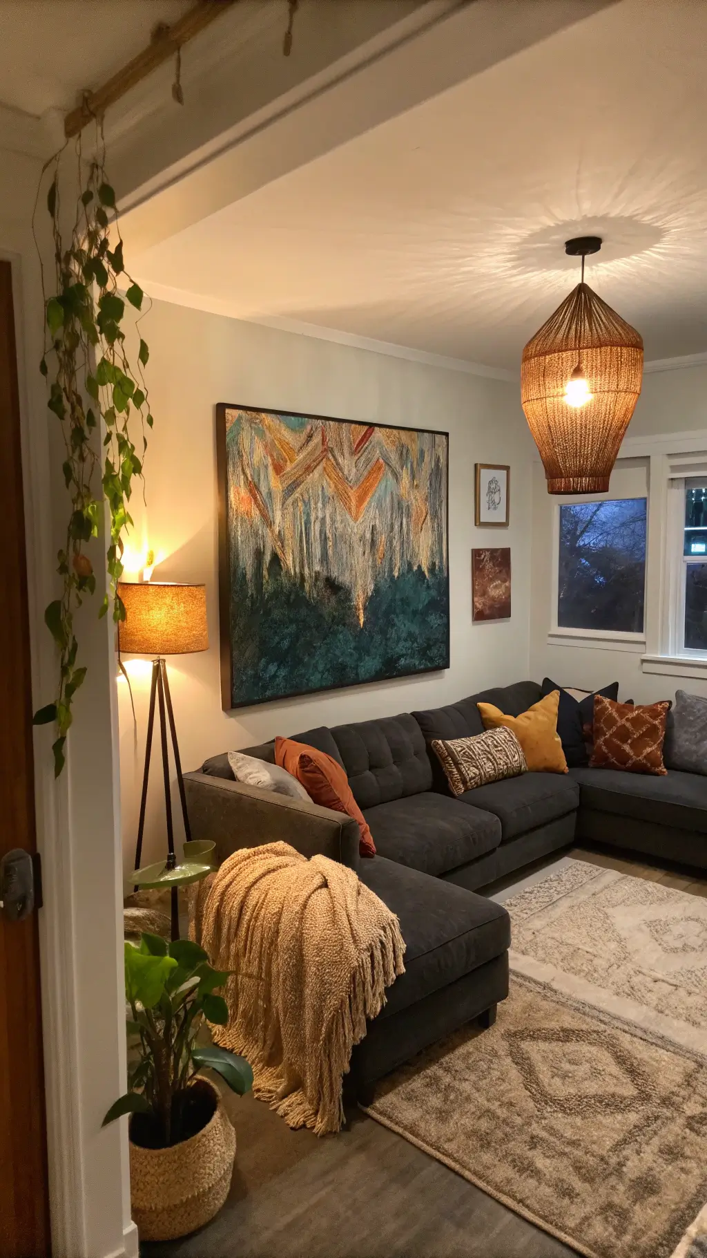 Twilight view of a cozy 15x17ft living room from the doorway featuring oversized abstract art in jewel tones on the back wall, a plush charcoal sectional with terracotta and gold textured pillows, a handmade macramé wall hanging, and an artisan-crafted floor lamp with amber glass shade casting warm light.