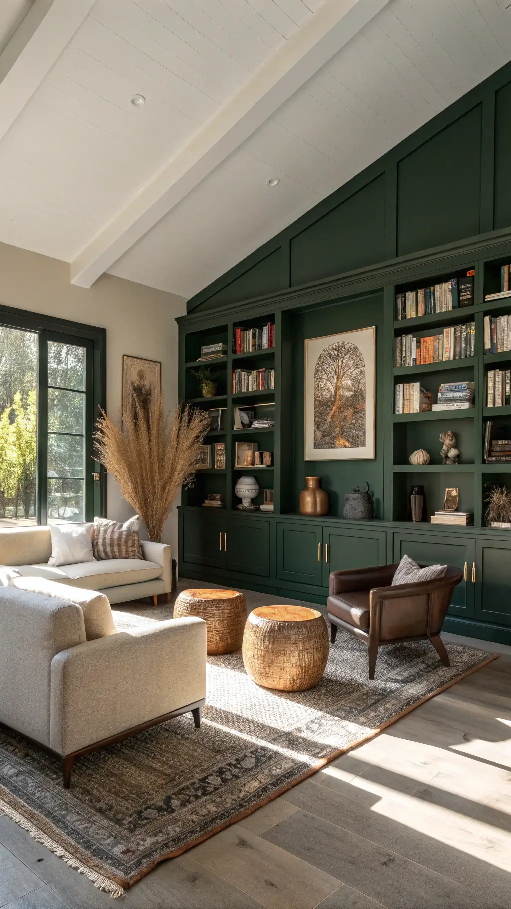 Contemporary living room bathed in morning light with floor-to-ceiling bookshelves, vintage decor, linen sofa, leather club chairs, and oversized ceramic vases with dried pampas grass.