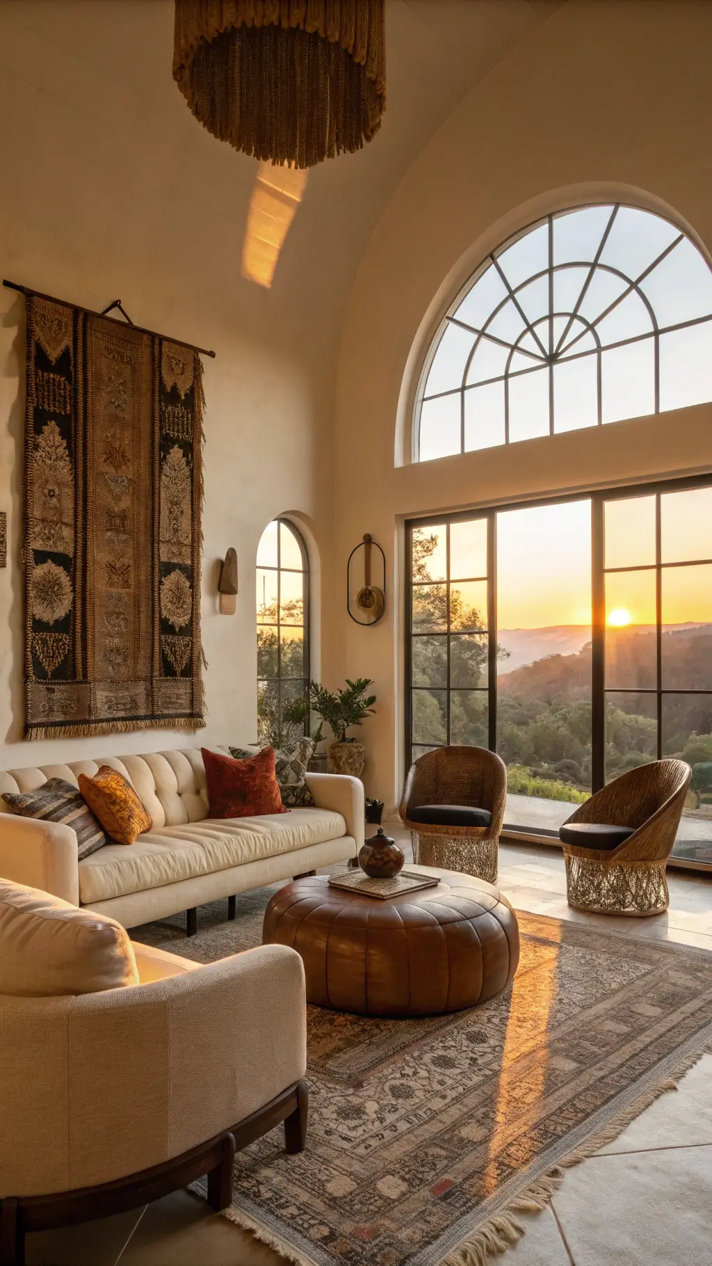 Sunset-lit spacious living room with dramatic arched windows, eclectic furniture including cream curved sofa, Moroccan leather poufs and walnut armchairs, adorned with an earth-toned wall tapestry and sculptural ceramic pendant lights.