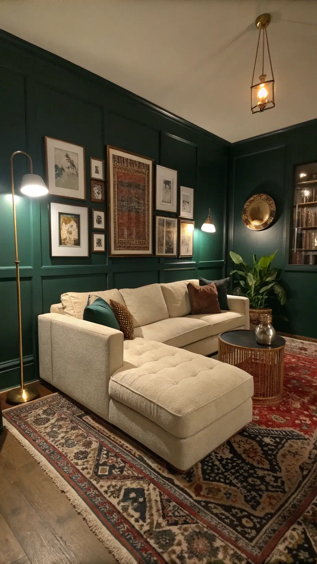 Cozy nighttime living space with deep emerald green walls, vintage Persian rug, contemporary ivory bouclé sectional, brass floor lamps, and a gallery wall of modern and vintage art pieces