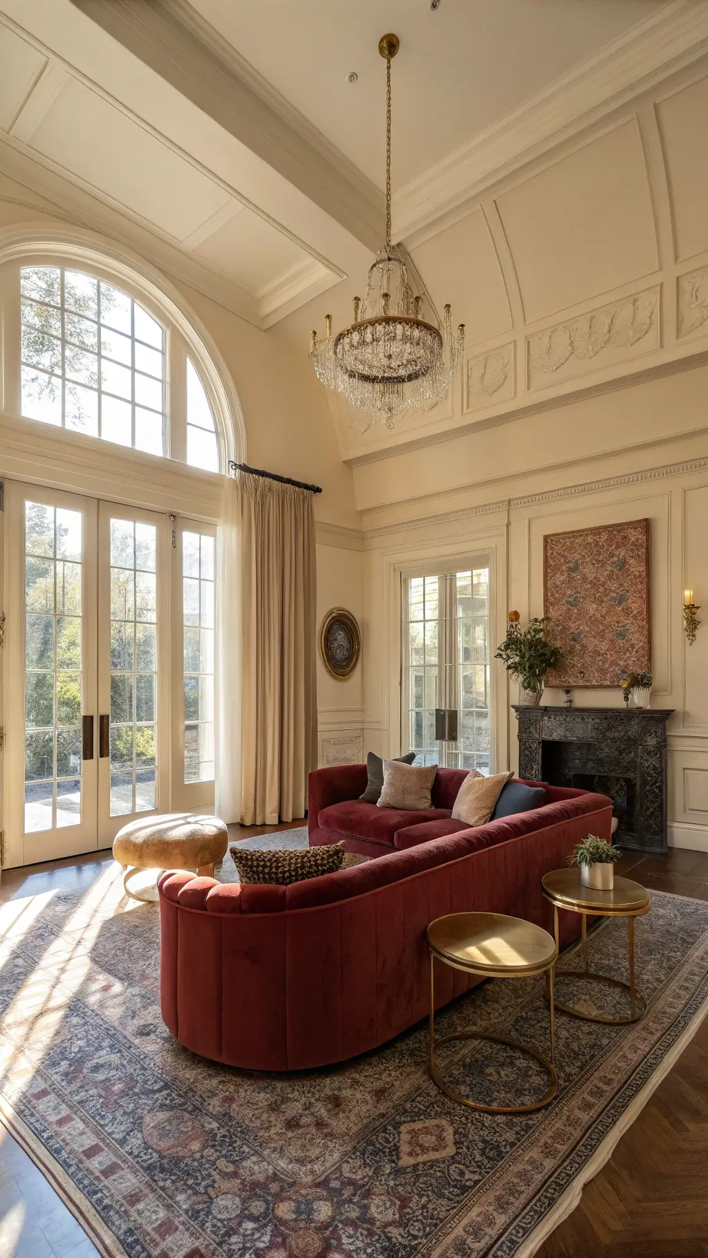 Golden hour illuminating a spacious living room with high ceilings, burgundy velvet sofa, brass coffee tables, ivory walls, vintage Persian rugs, weathered oak flooring and sheer linen curtains.