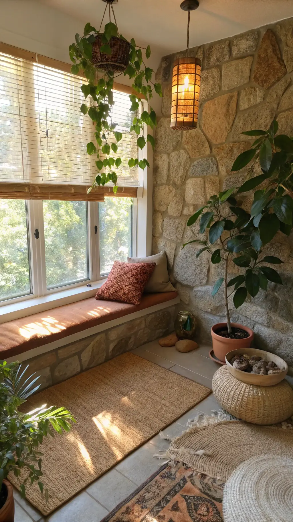 Meditation nook featuring corner windows, bamboo blinds, cork flooring, rattan cushions, potted plants, brass sconces, and a natural stone wall, bathed in morning sunlight.