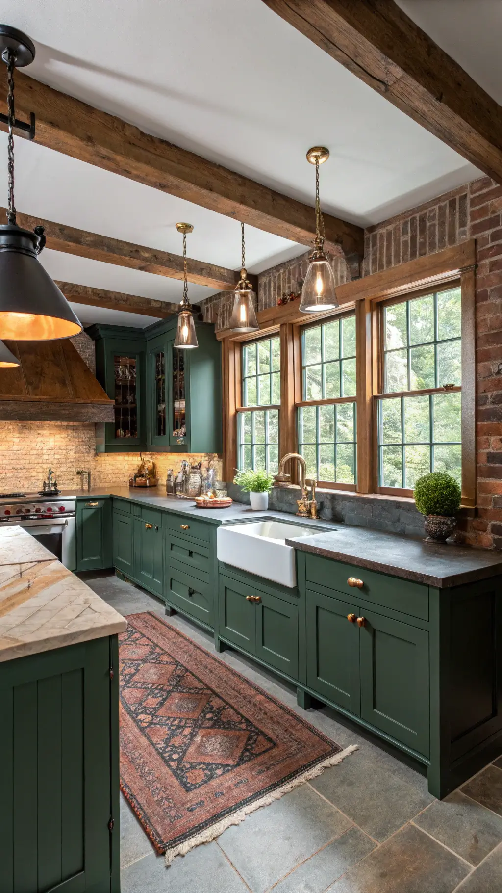 1920s style spacious kitchen with forest green cabinetry, soapstone countertops, reclaimed brick backsplash, vintage pendant lights, butcher block topped island, farmhouse sink, and exposed wooden beams, lit by early morning light streaming through windows.