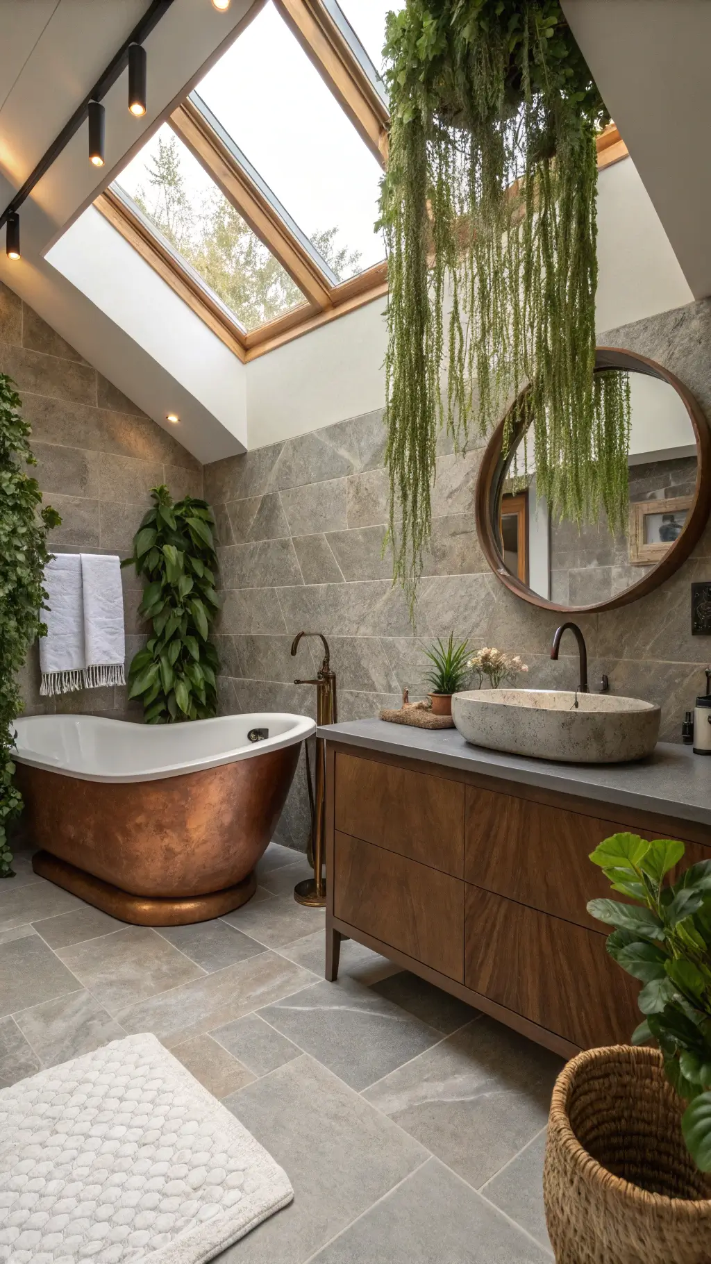 Luxurious personal spa retreat bathroom with freestanding copper soaking tub under skylight, large grey natural stone tiles, handmade ceramic sink on walnut vanity, organic-shaped mirror, grasscloth walls, and cascading plants from macrame hangers.