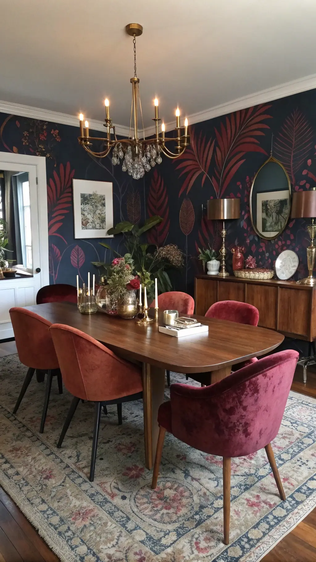 Eclectic dining space with botanical print wallpaper, mid-century modern table, vintage jewel-toned velvet chairs, bronze chandelier, and mixed metallic accents displaying intimate dinner party atmosphere