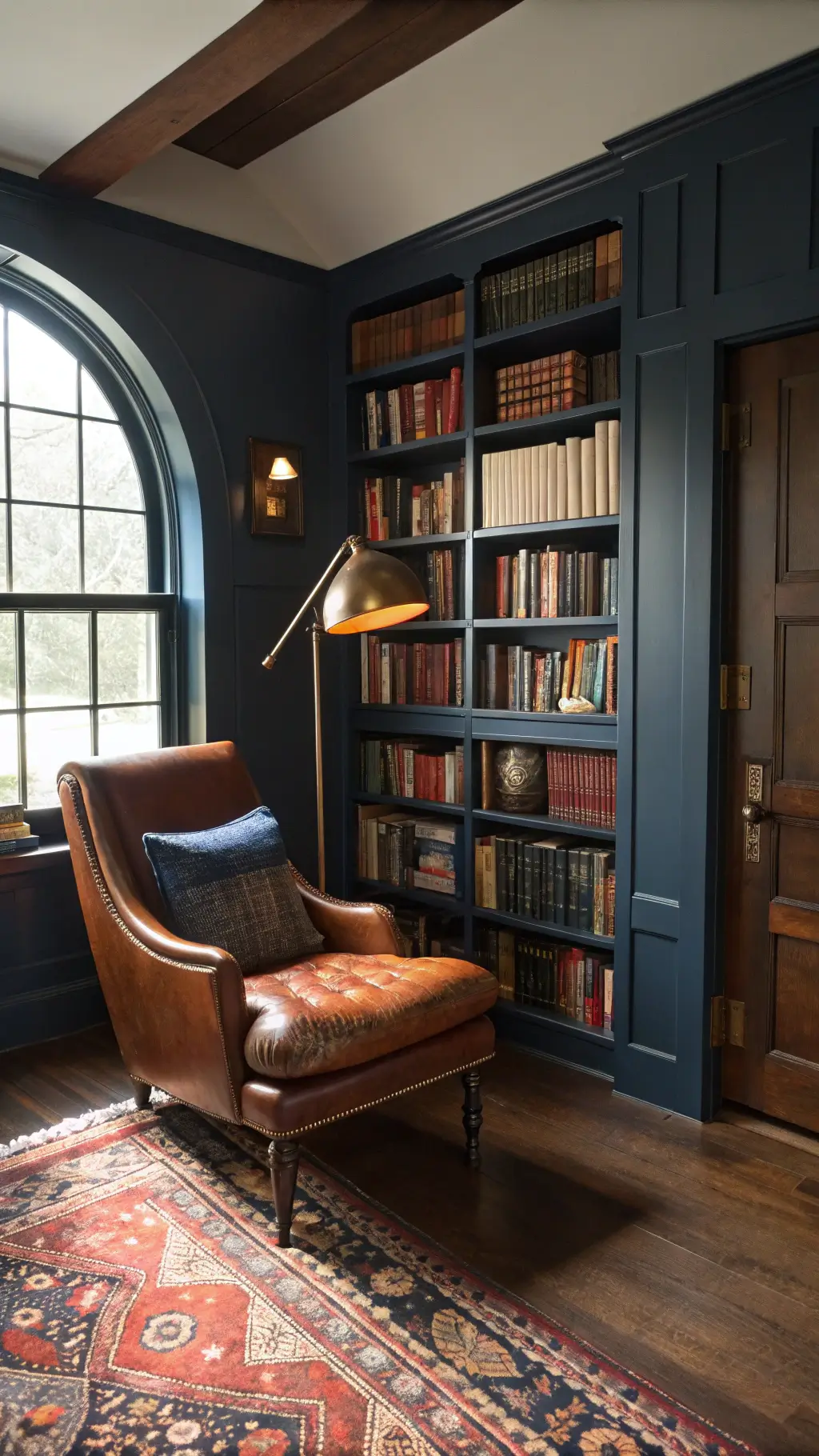 Cozy reading nook with navy bookshelves, leather chair, brass floor lamp, vintage rugs on oak floors, and dramatic afternoon light through arched window, shot from doorway with focus on book spines and textile textures.