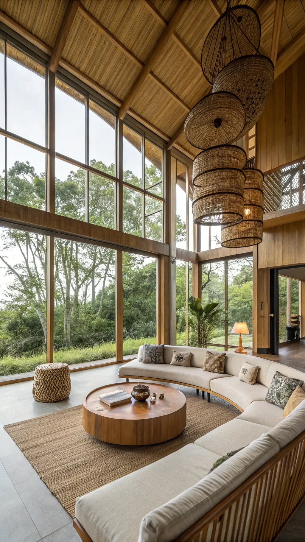Modern great room with bamboo architecture, large windows, curved seating, upcycled wood table with ceramics, abstract art, and woven pendant lights viewed from mezzanine level.