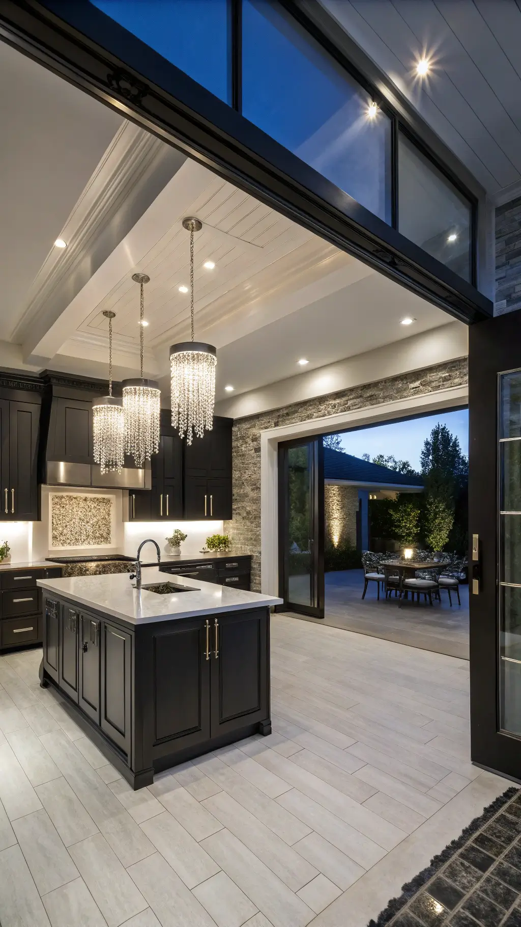 202modern luxury black kitchen twilight