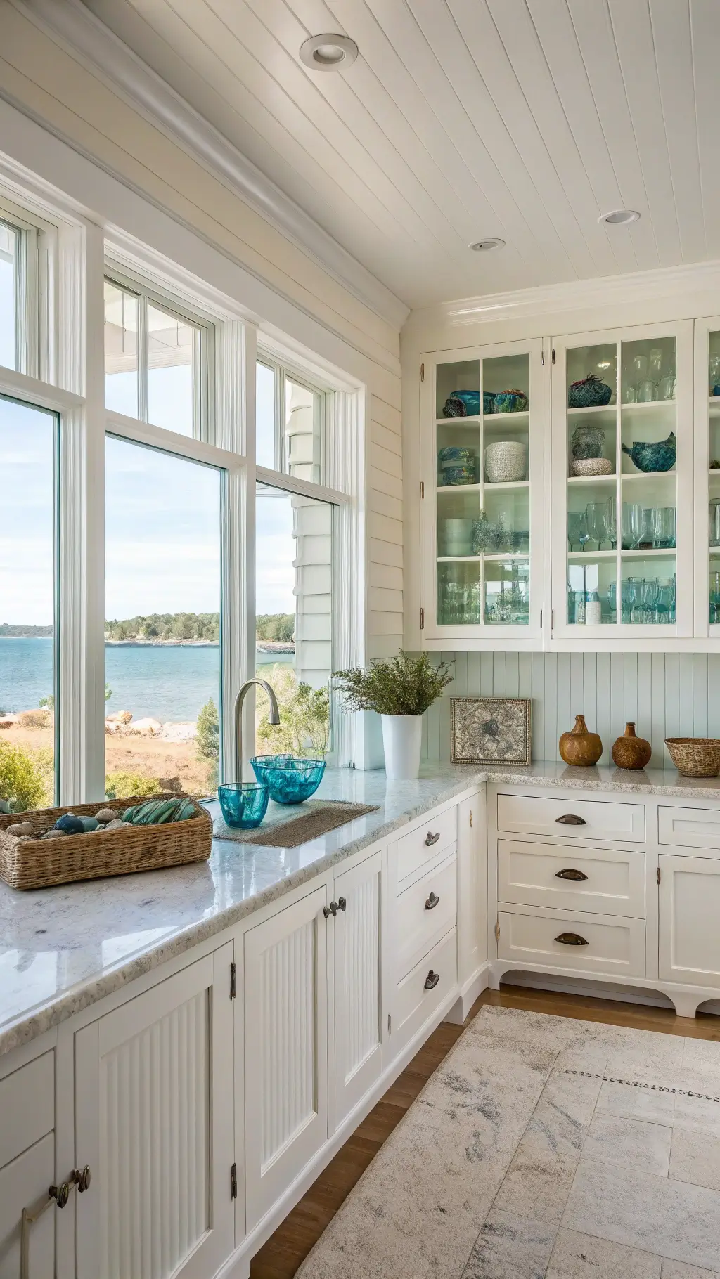 Bright and spacious coastal white kitchen with white beadboard cabinets, fossil-detailed limestone countertops, and glass-front upper cabinets filled with blue glassware; styling includes coral pieces and seagrass baskets with a warm white and sea glass blue color palette, overlooking a stunning water view through a wall of windows.