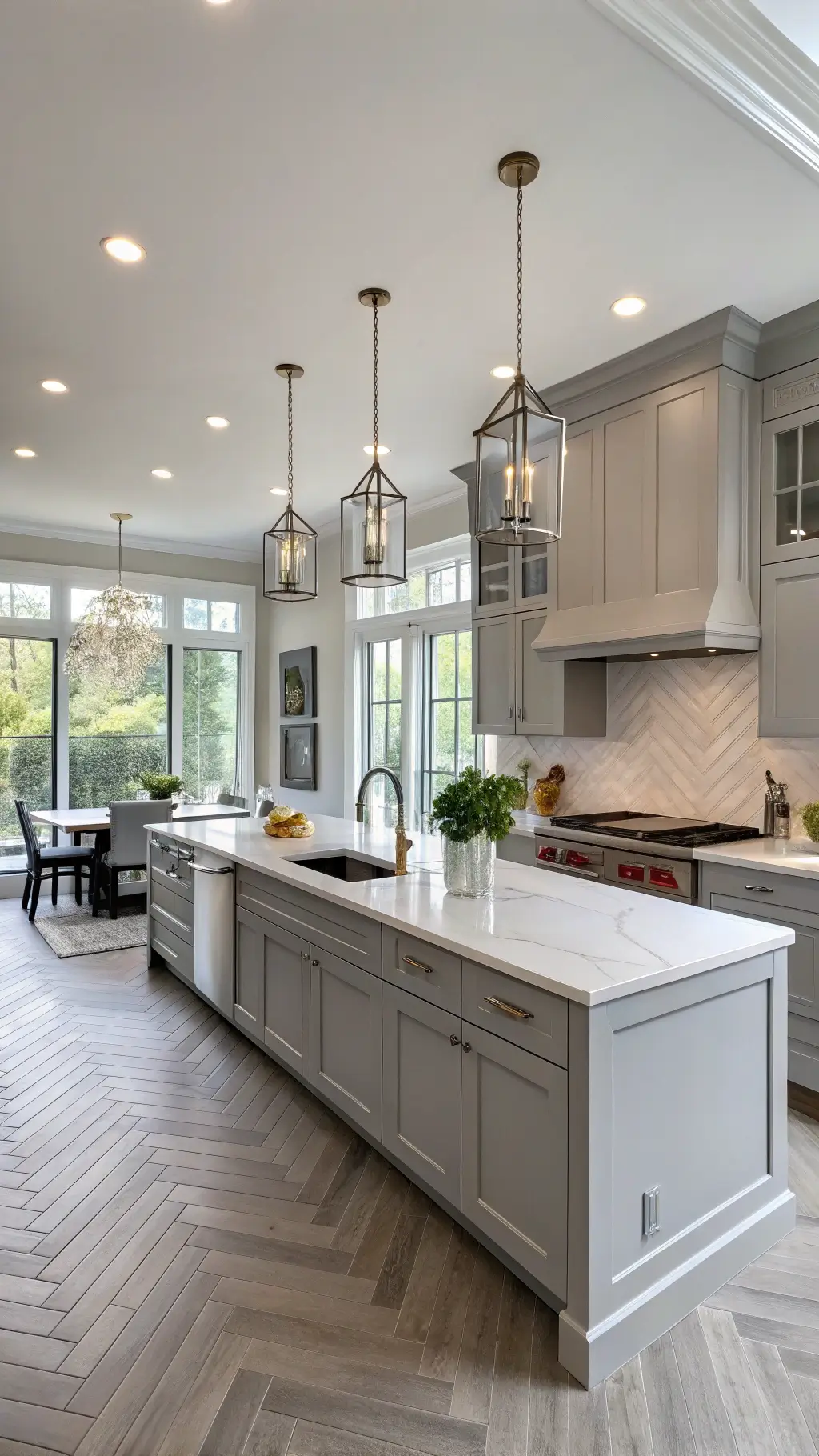 Elegant, spacious grey Shaker-style kitchen with white quartz countertops, professional-grade stainless steel appliances, and natural lighting
