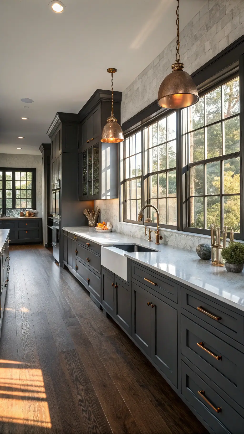 Dramatic dark grey kitchen with walnut floors, white marble countertops, and vintage pendant lights reflecting golden hour sunlight streaming through west-facing windows, featuring vintage-inspired pendant lighting and copper cookware.
