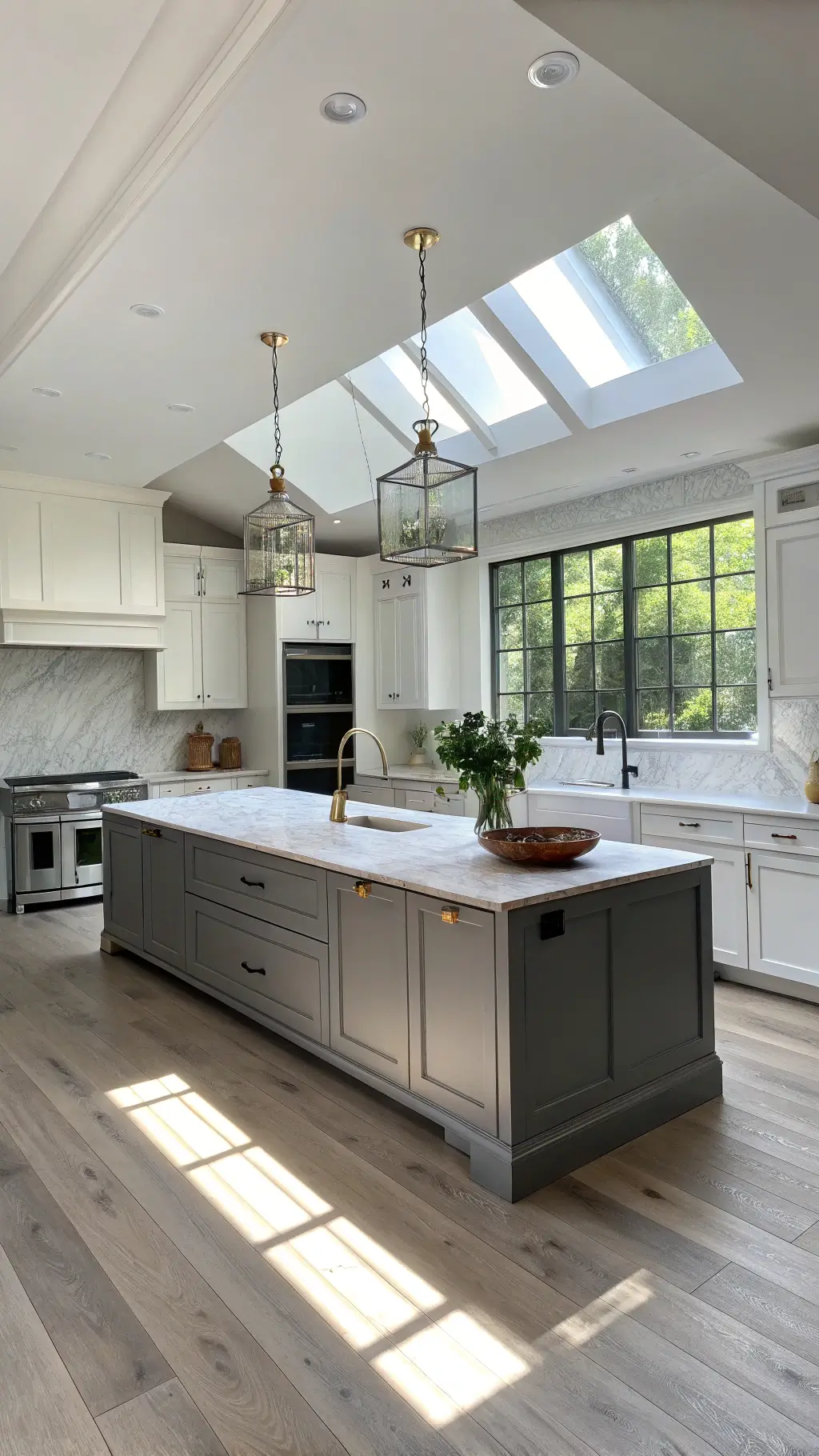 Contemporary open-concept kitchen with contrasting grey and white cabinets, large charcoal island with marble waterfall edges, brass fixtures, and skylights