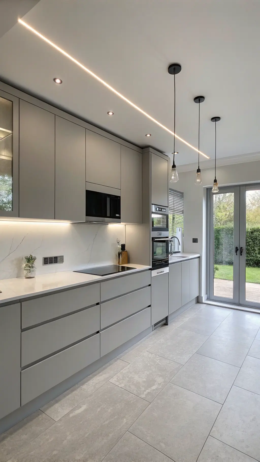 Modern grey minimalist kitchen with floor-to-ceiling cabinets, white countertops, stainless steel appliances, and LED lighting with a single black pendant over a floating island.