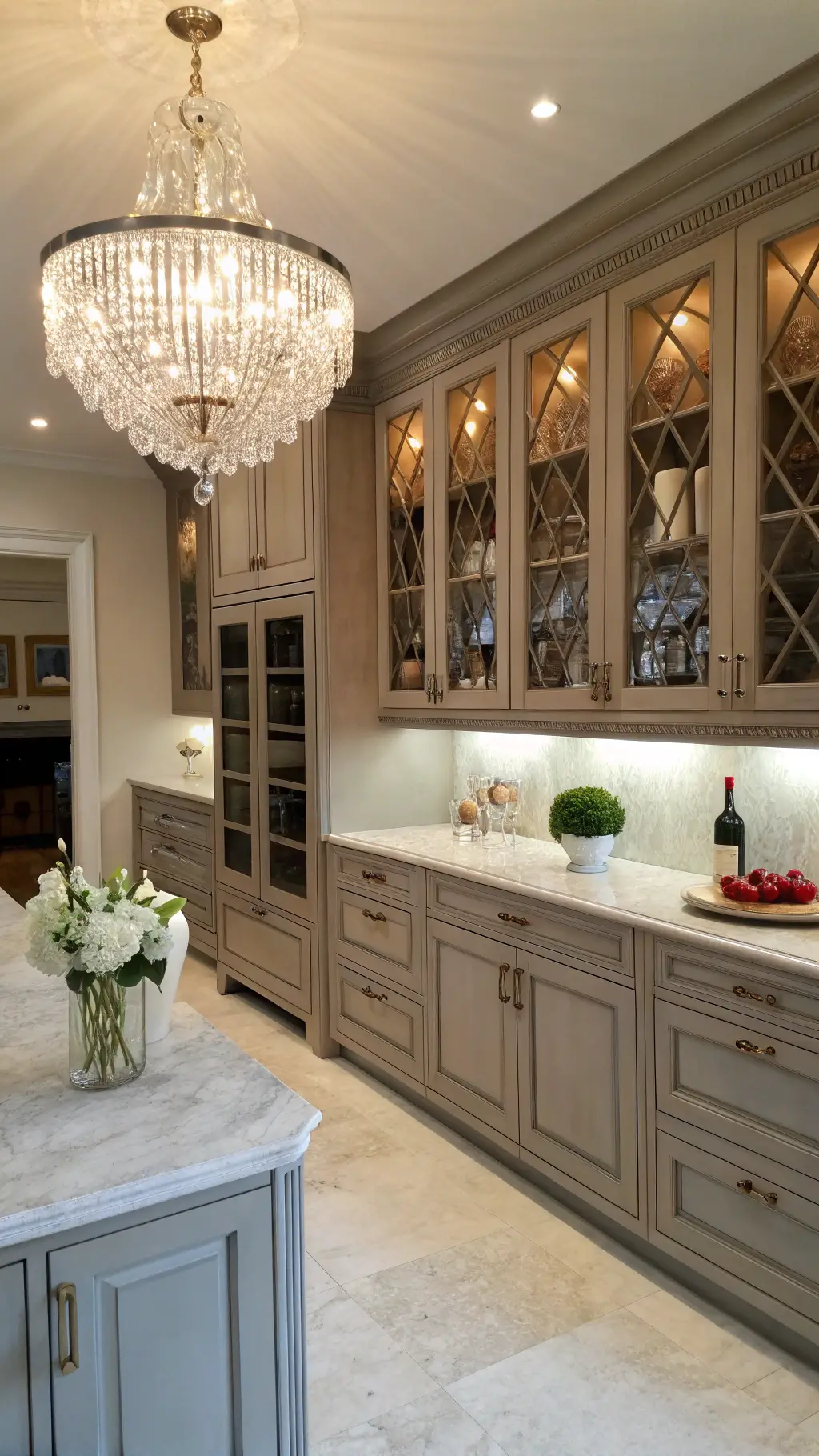 Transitional grey kitchen suite featuring raised-panel cabinets, limestone floors, marble counters, built-in wine storage and crystal chandelier