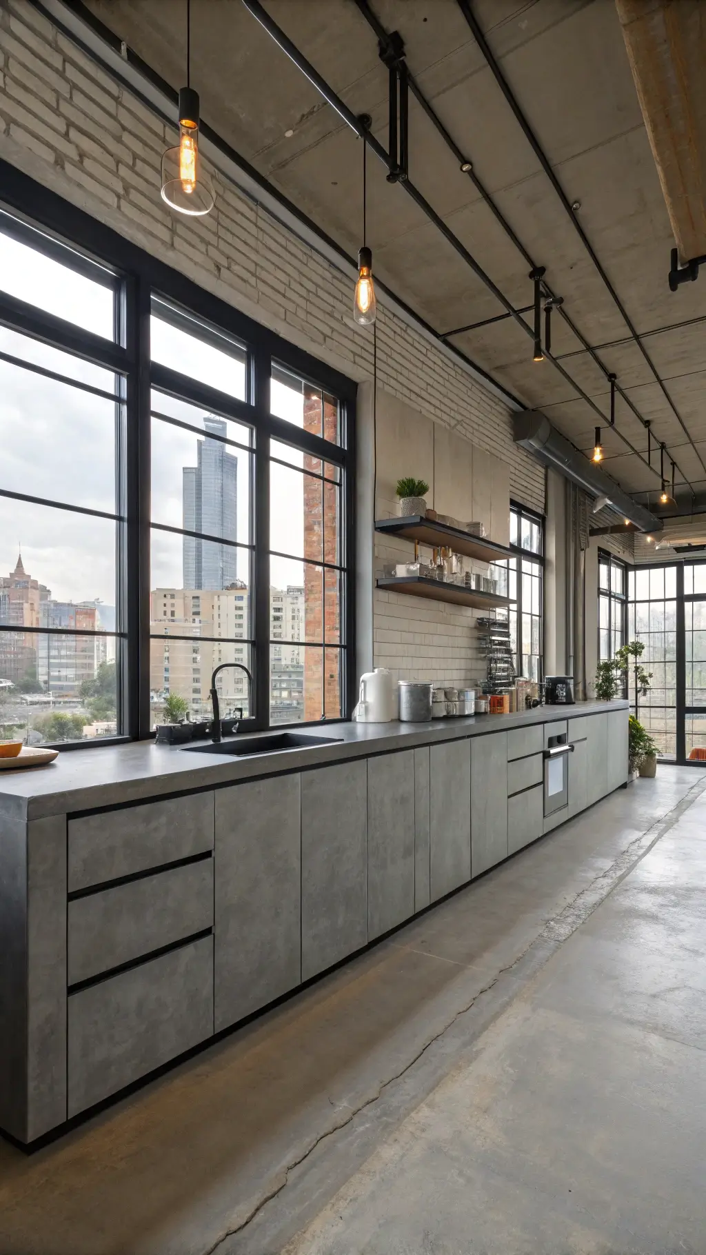 Urban industrial loft kitchen featuring grey concrete cabinets, blackened steel hardware, exposed ducting, and concrete floors, accentuated with Edison bulb pendants and stainless commercial appliances, offering city views from black steel-framed windows.