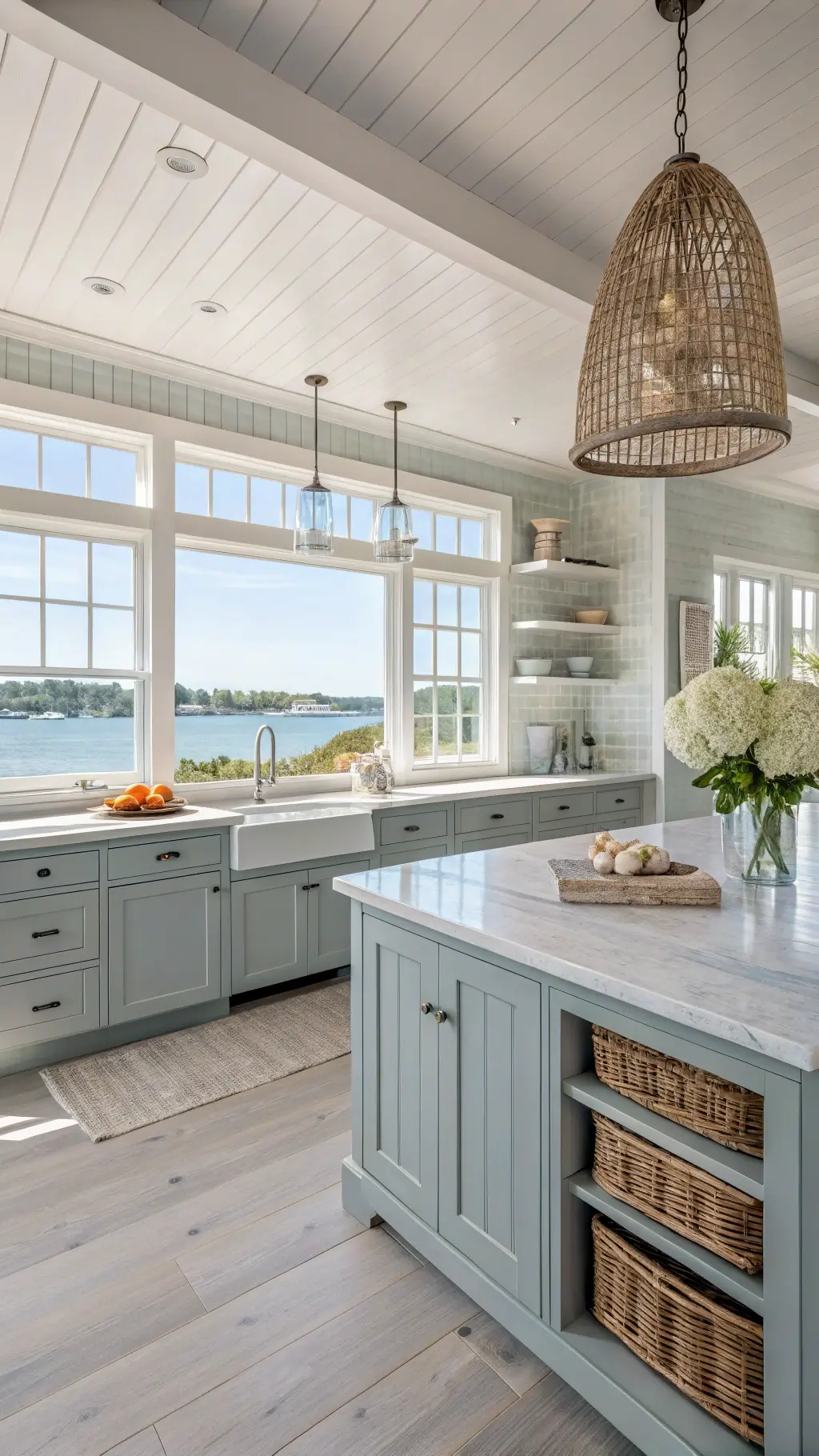Breezy coastal kitchen with grey cabinets, white quartz counters, blue tile backsplash, open shelving, and natural light overlooking water views