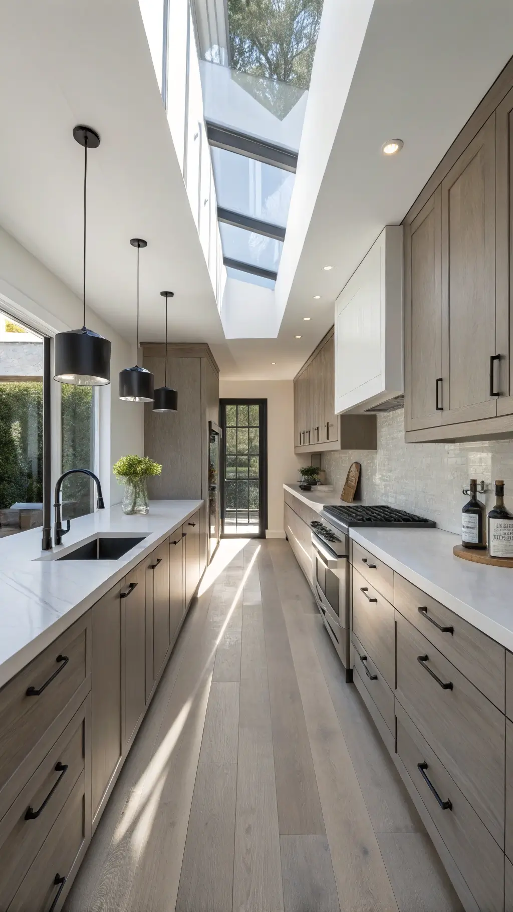 Modern galley kitchen with gray-washed oak lower cabinets, white upper cabinetry, black hardware against white quartz countertops, and stainless steel appliances under afternoon light filtering through skylights.