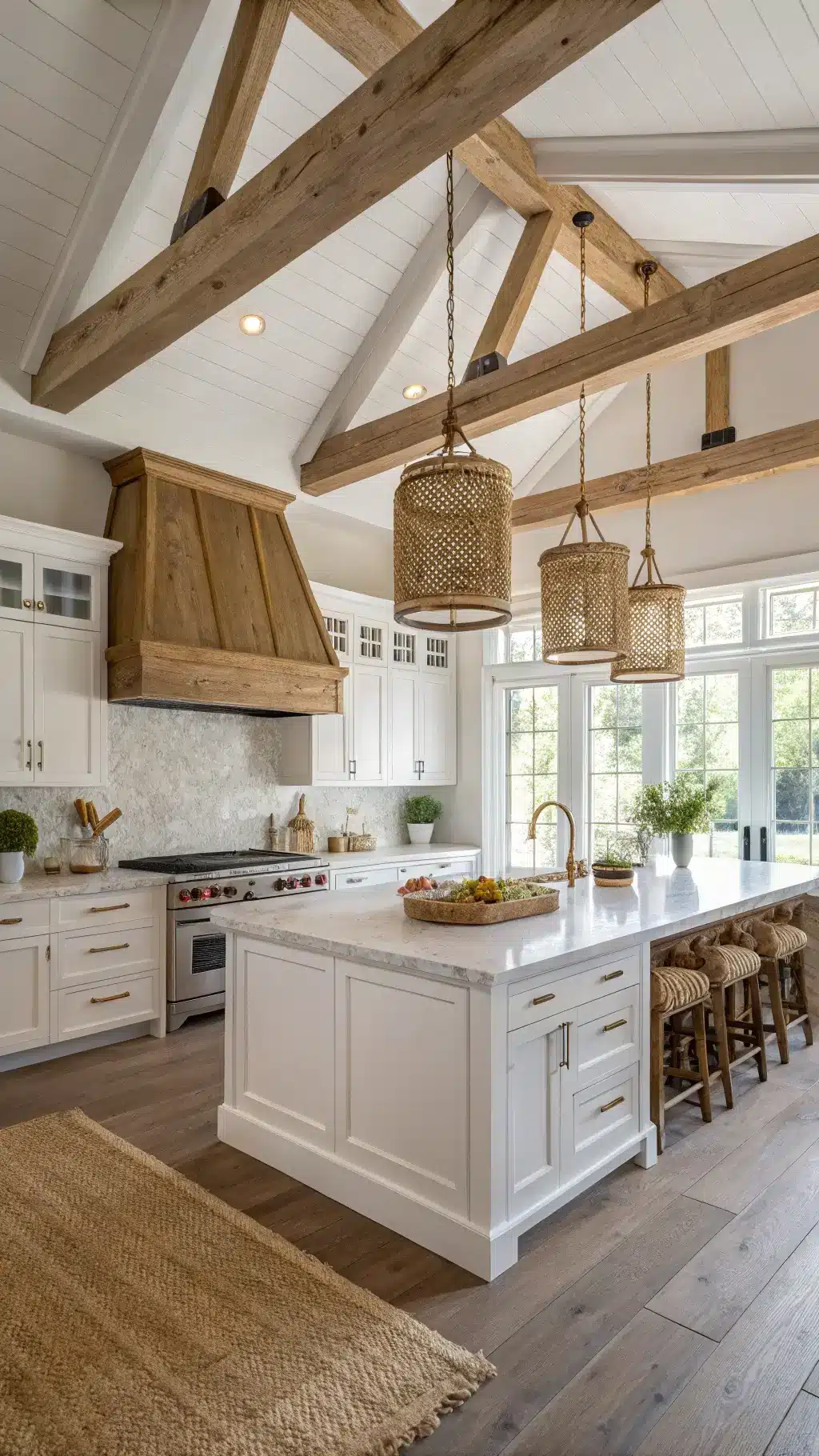 Farmhouse kitchen with white oak beams, island, and custom range hood, white cabinets, vintage pendants, woven baskets, aged brass hardware, and linen window treatments with a tumbled stone backsplash in mid-morning light.