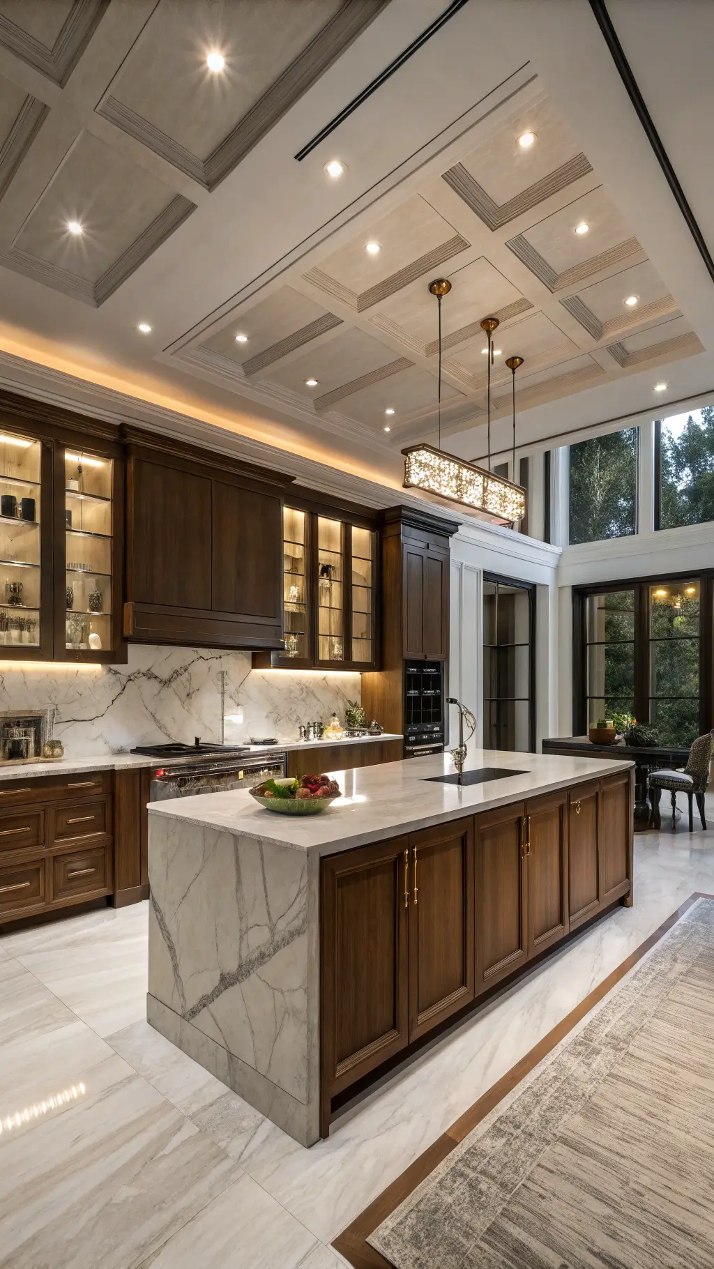 Luxurious custom kitchen with book-matched walnut cabinets, marble waterfall island, bronze fixtures, and smoked glass details under warm LED accent lighting.