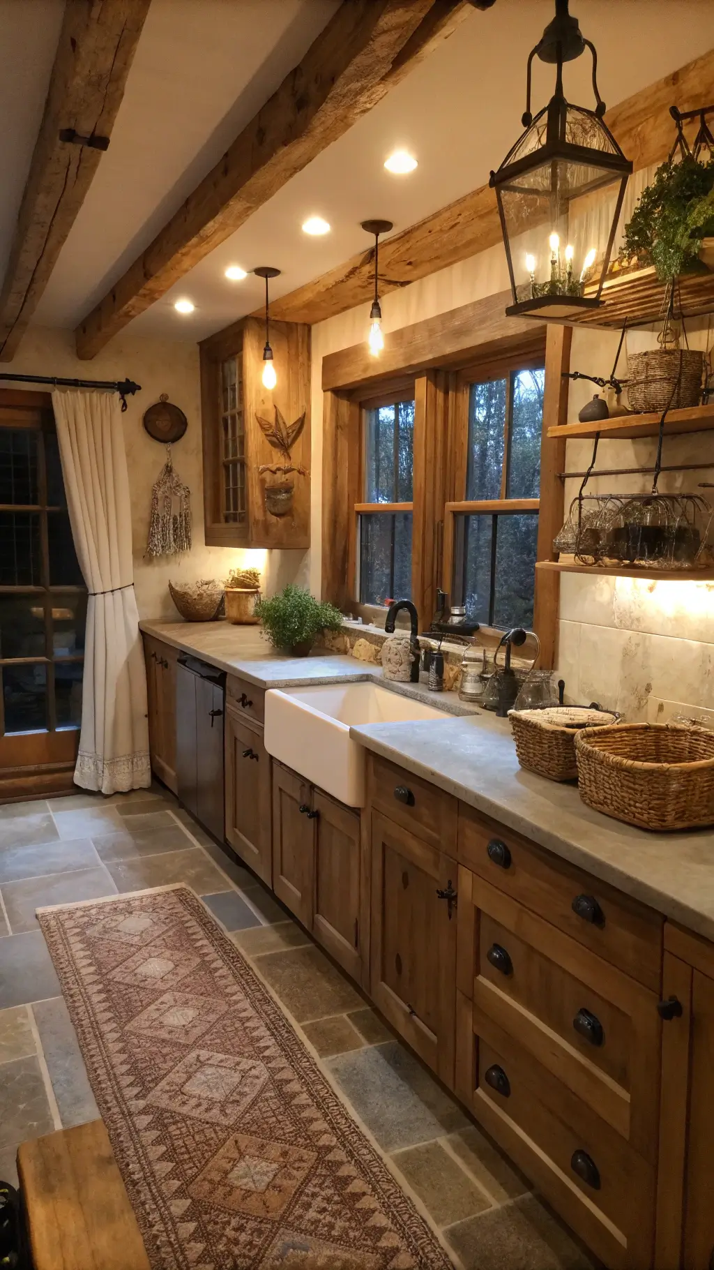 304rustic galley kitchen dusk lighting