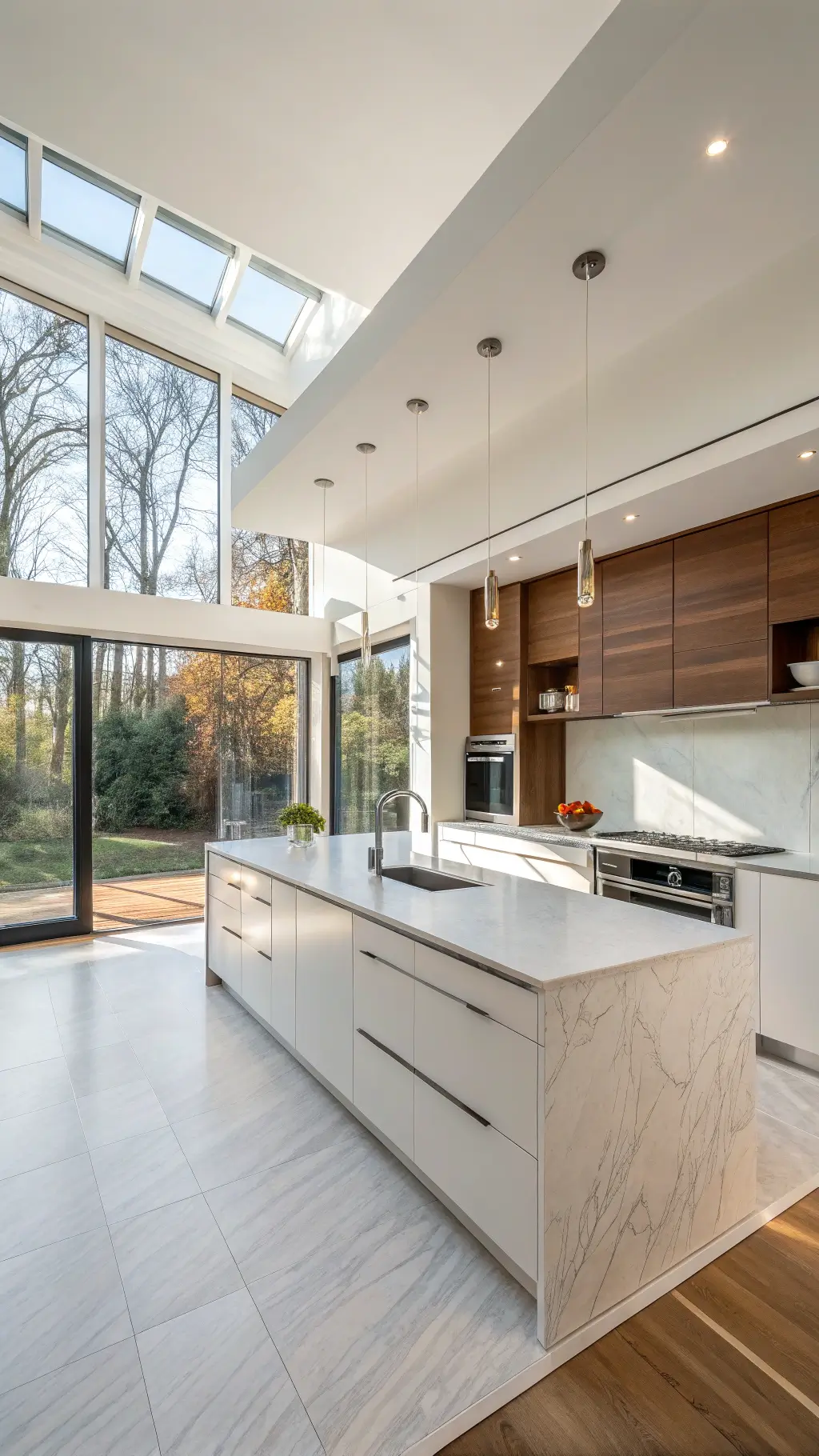Modern spacious kitchen with white high-gloss cabinets, waterfall quartz countertop island, walnut open shelves, bathed in morning light through floor-to-ceiling windows