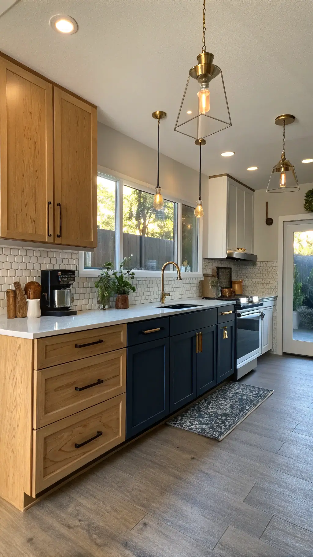 Golden hour view of mid-century inspired L-shaped kitchen with navy base and blonde wood upper cabinets, integrated appliances, terrazzo countertops and brass hardware and lights