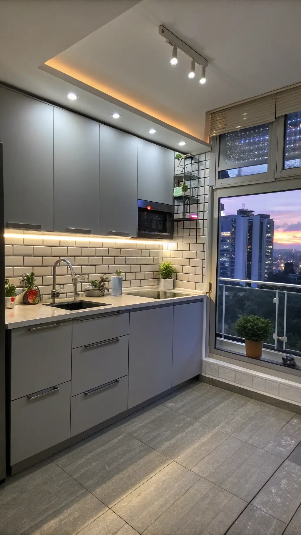 Aerial view of a compact urban kitchen with sleek gray thermofoil cabinets, under-cabinet LED lighting, a glass tile backsplash, and deep pull-out storage, photographed at dusk with a mixed lighting setup