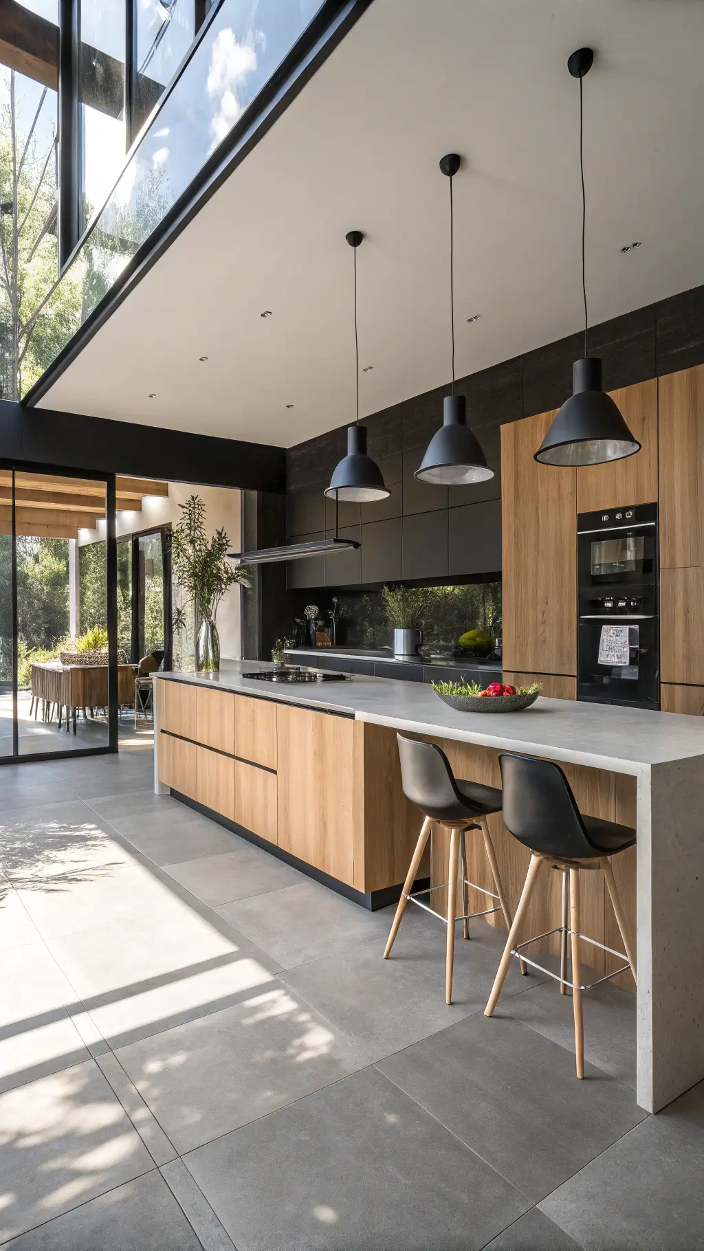 Contemporary open-plan kitchen with maple cabinets, a black accent wall, minimalist island and industrial pendant lights, photographed from dining area during midday