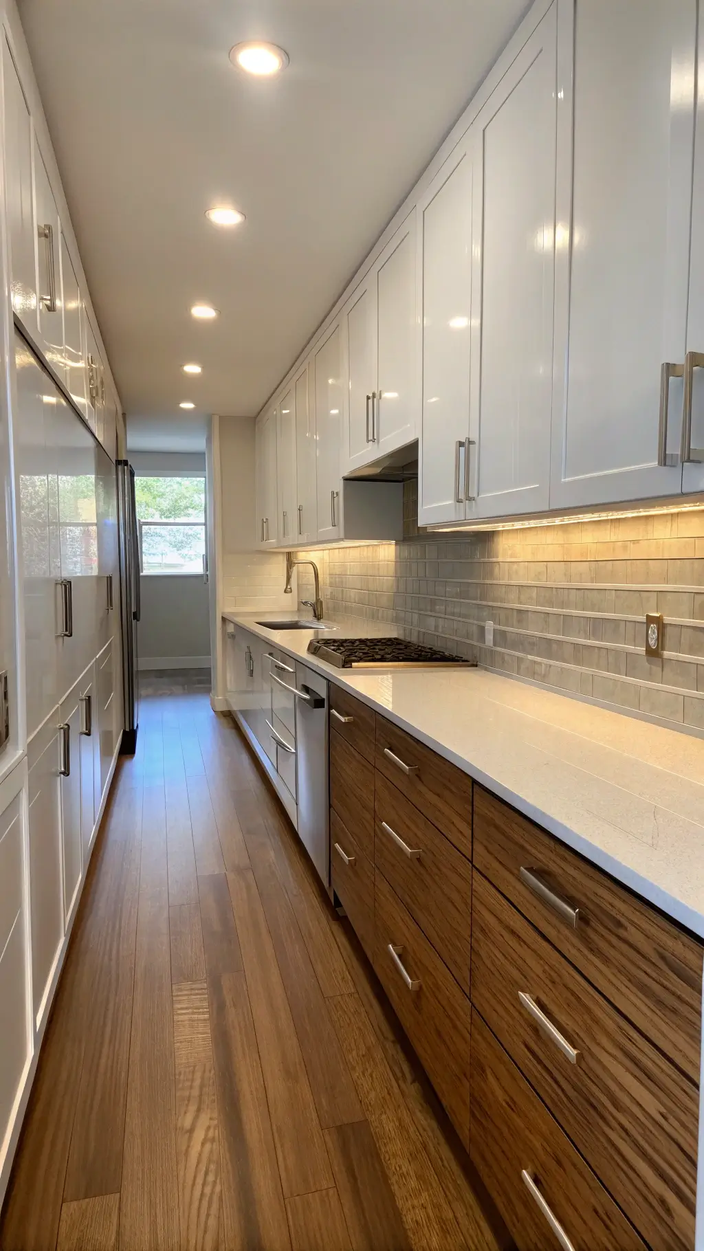 Morning light illuminating an intimate 8x14ft galley kitchen showcasing high-gloss white upper cabinets, textured wood grain lower cabinets, smart storage solutions and a metallic backsplash, shot to emphasize parallel lines and symmetry