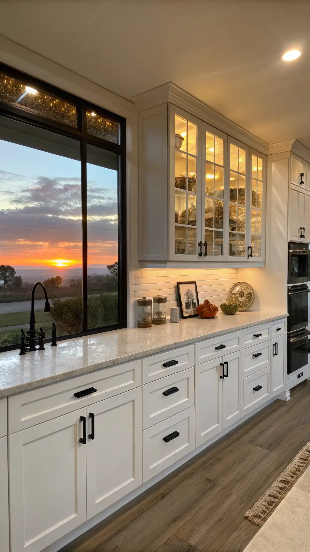 Sunset view of a modern farmhouse kitchen with white flat-front cabinets, black hardware accents, glass-front upper cabinets, integrated appliances, and warm interior lighting mixed with natural golden hour light.