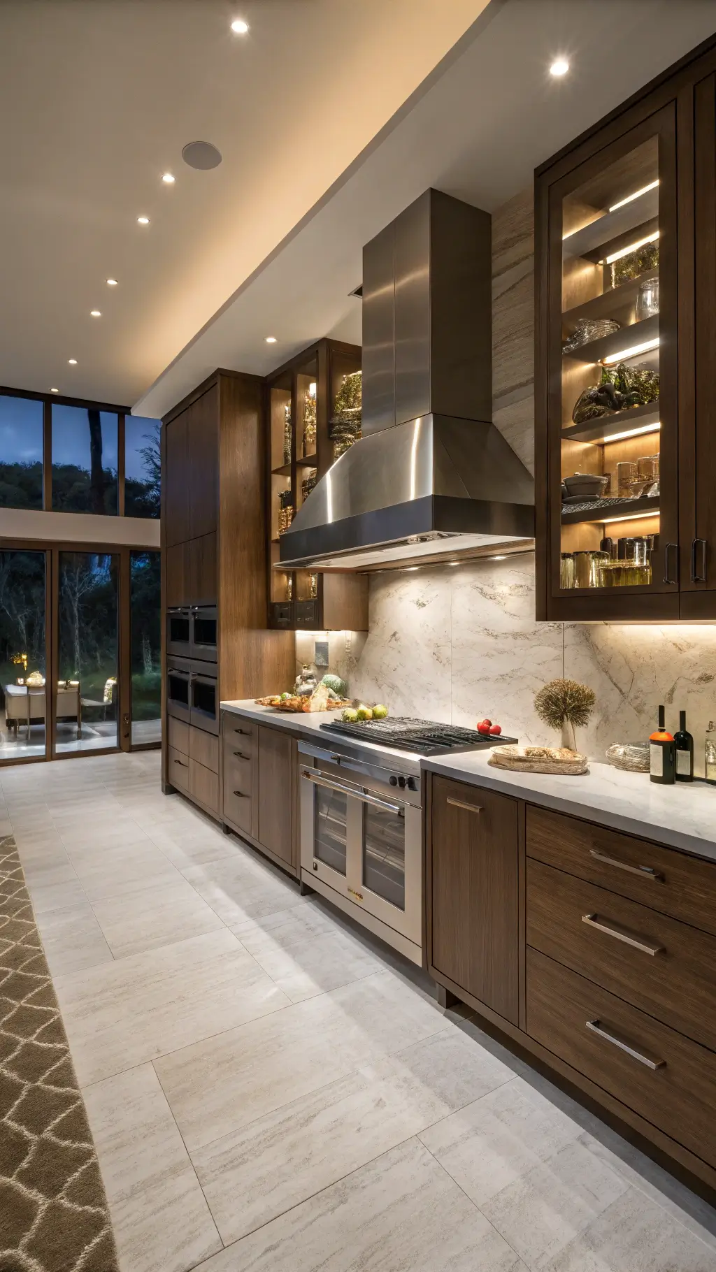 Elegant chef's kitchen under evening lighting featuring high-end walnut cabinets, brushed steel accents, a dramatic hood feature wall with floating shelves, and hidden organizational systems, shot from island height with a focus on luxe materials and strategic highlights.