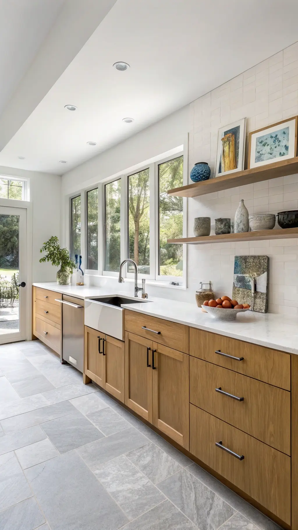 Bright and spacious modern kitchen with golden oak cabinets, white walls, gray limestone flooring, and a white farmhouse sink, showcasing an artisanal pottery collection and colorful abstract art.