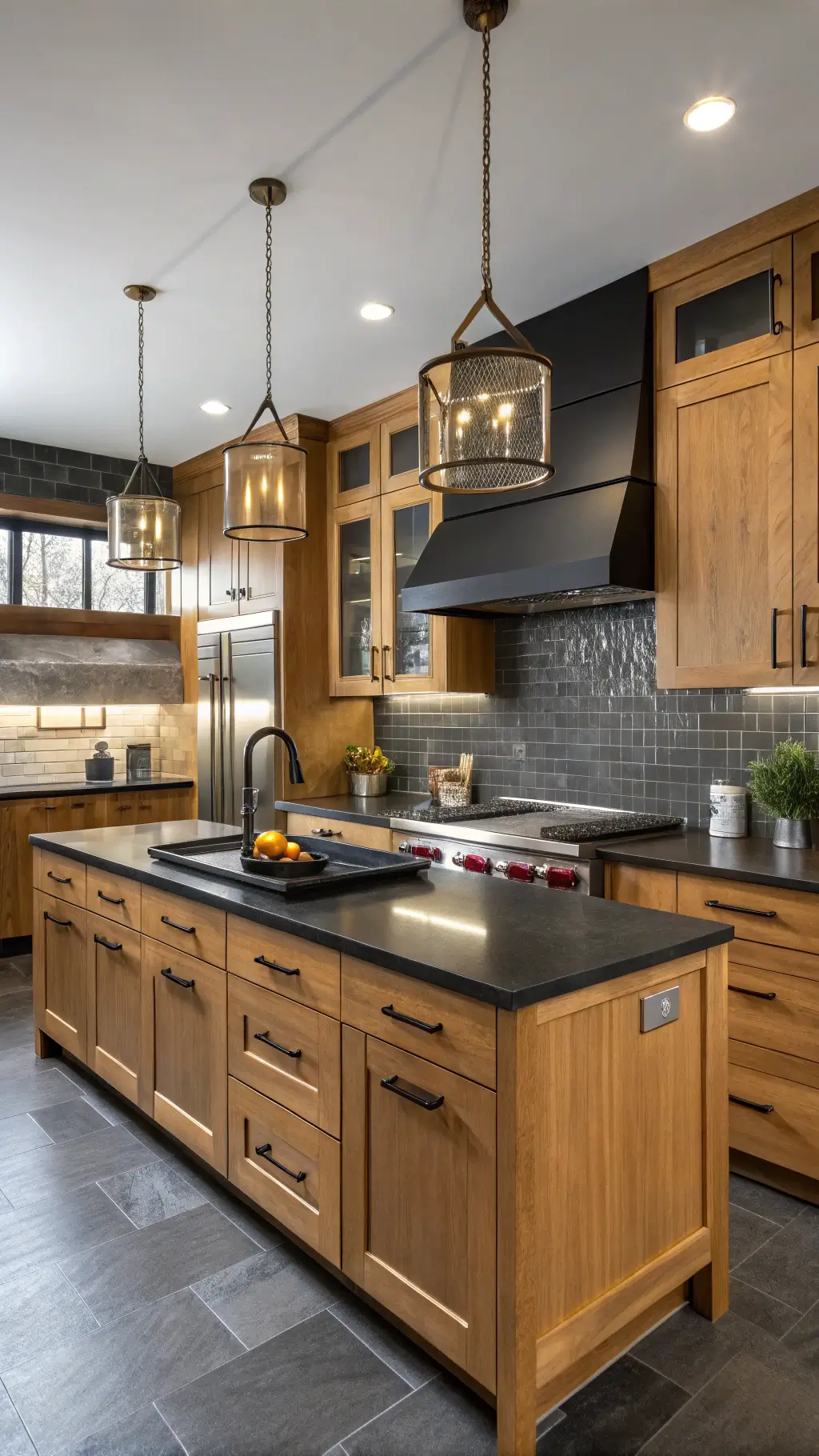 Modern chef's kitchen with restored golden oak cabinets, black quartz countertops, large island, aged brass pendant lights, and professional-grade appliances, lit with studio lighting.
