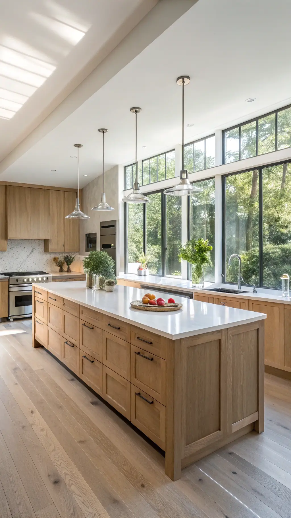 Bright and airy contemporary kitchen with floor-to-ceiling natural oak cabinets, white quartz waterfall countertop on island, and wide plank white oak flooring, adorned with minimalist ceramic vessels and fresh herbs.