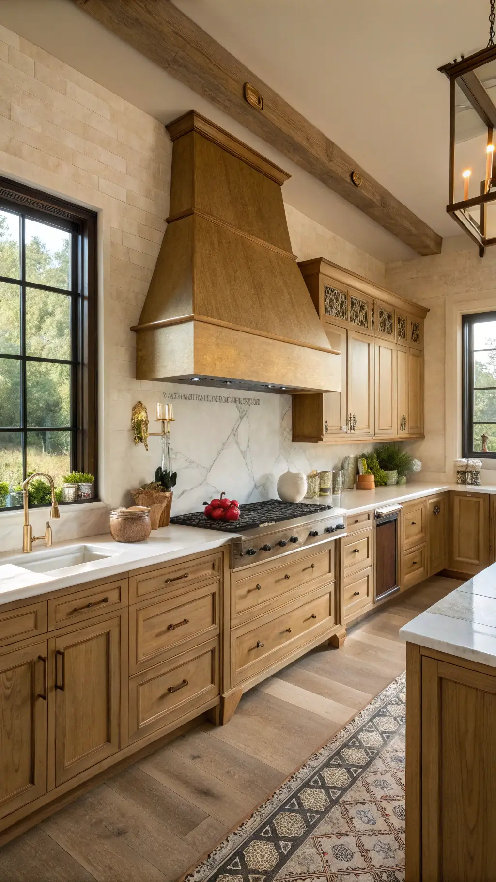 Transitional L-shaped kitchen with warm golden lighting highlighting natural oak cabinets, custom range hood, marble backsplash, and brass fittings. Styling includes copper cookware and artisanal pottery on display.