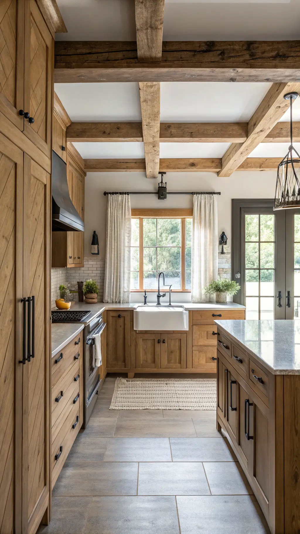 Rustic elegant modern farmhouse kitchen with light oak cabinets, subway tile backsplash, exposed wooden beams, and afternoon light filtering through café curtains.