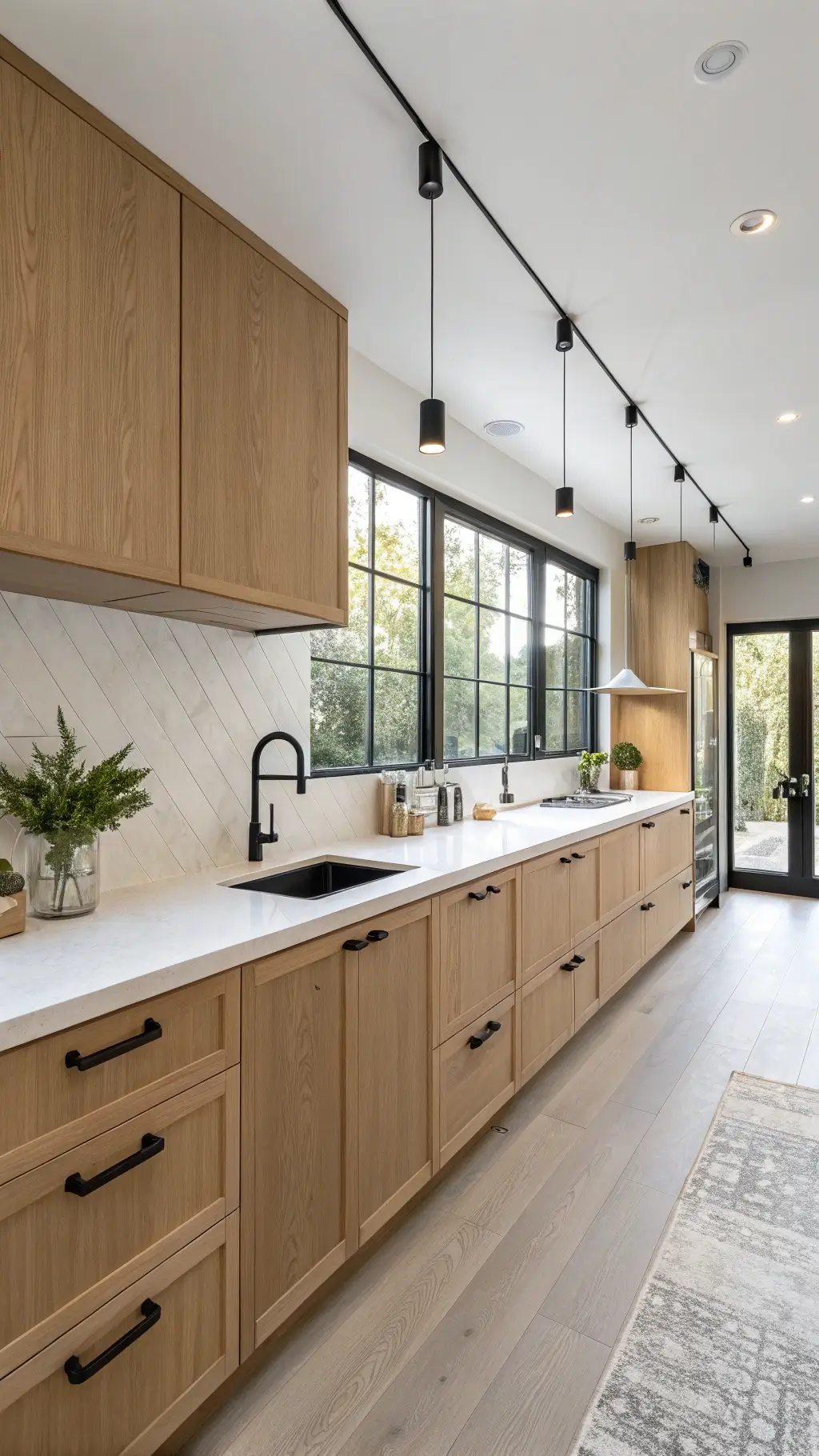 Scandinavian-style galley kitchen with floor-to-ceiling natural oak cabinets, white concrete countertops, frosted windows, black metal pendant lighting, and minimalist decor featuring geometric ceramics and preserved botanicals in cool, even lighting