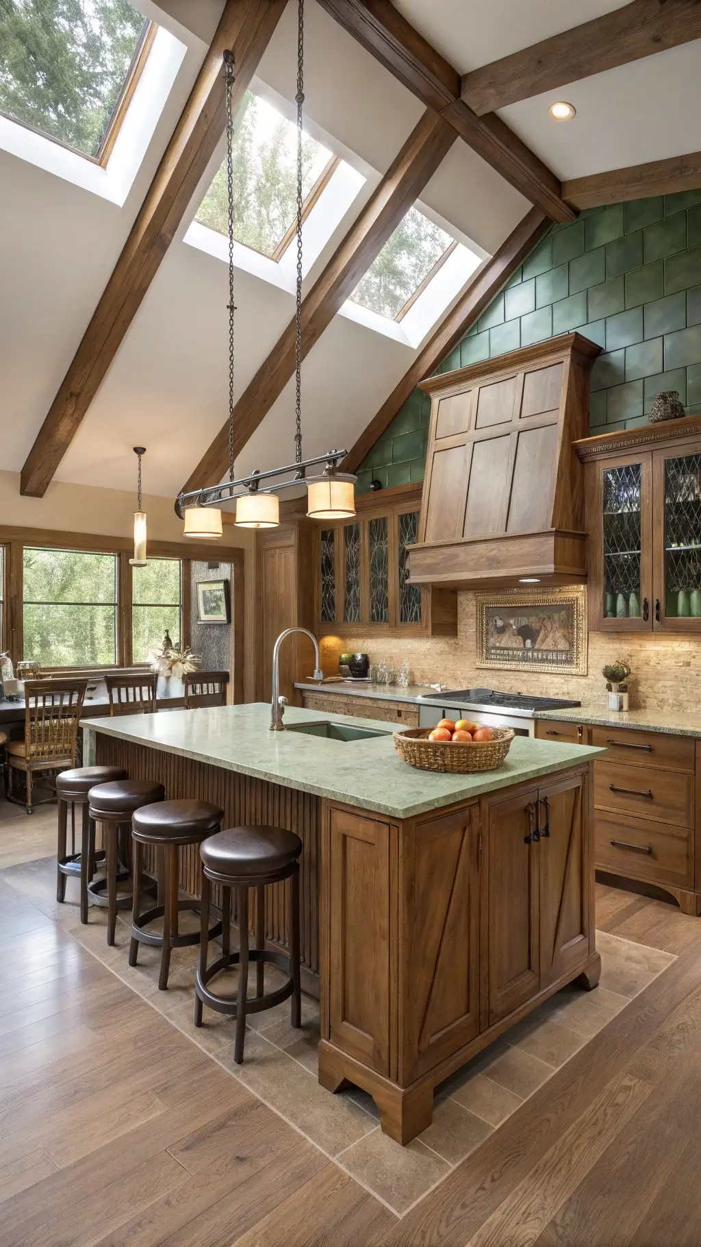 16x20ft open-concept kitchen with vaulted ceiling, quarter-sawn oak cabinets, ceramic tile backsplash, and oversized island with leather barstools. Light shines through a skylight and reflects off glassware and woven baskets. Colors are oak, cream, and forest green, creating an organic luxury mood.
